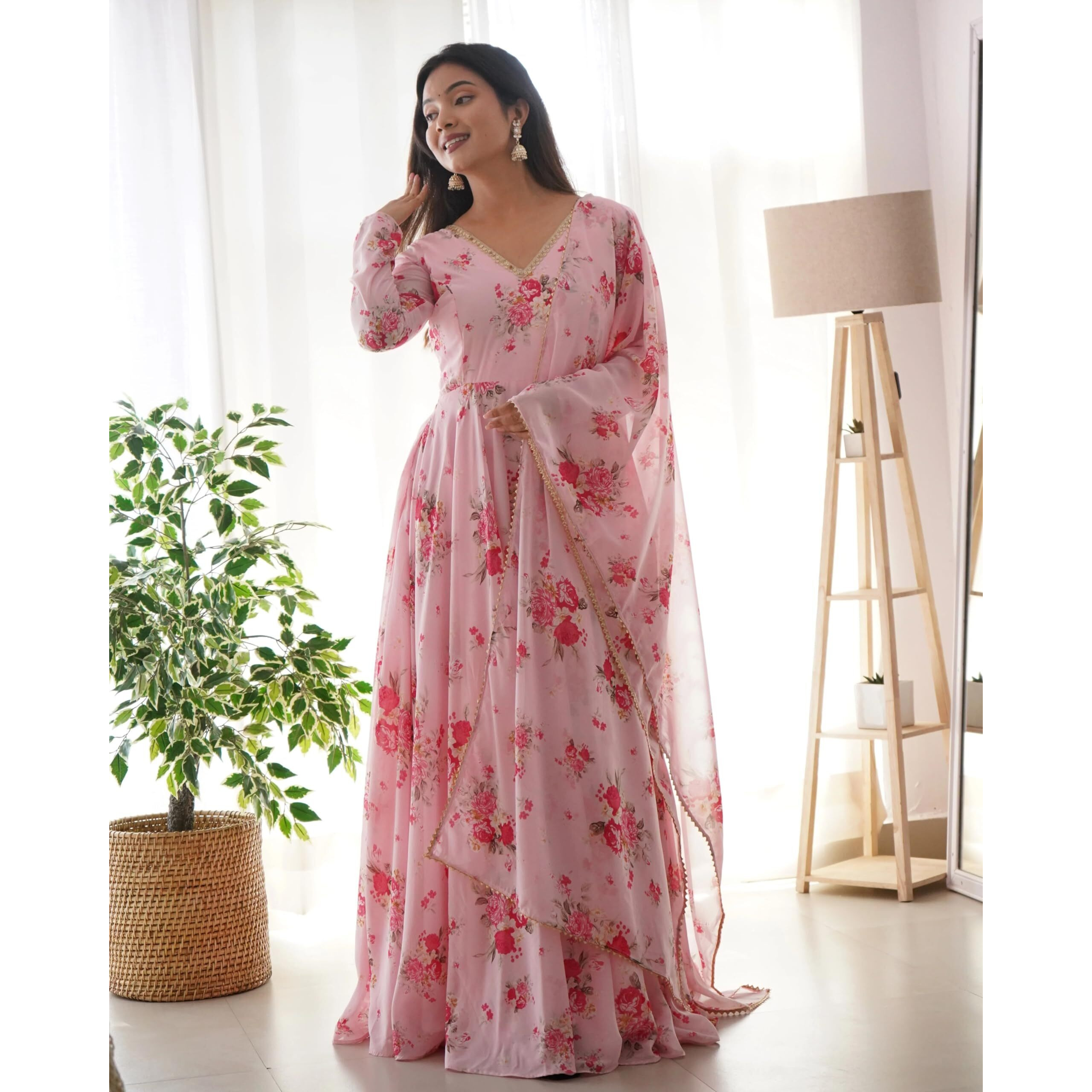 Women Floral Print Anarkali Kurta with Pant and Dupatta (Large, Light Pink)