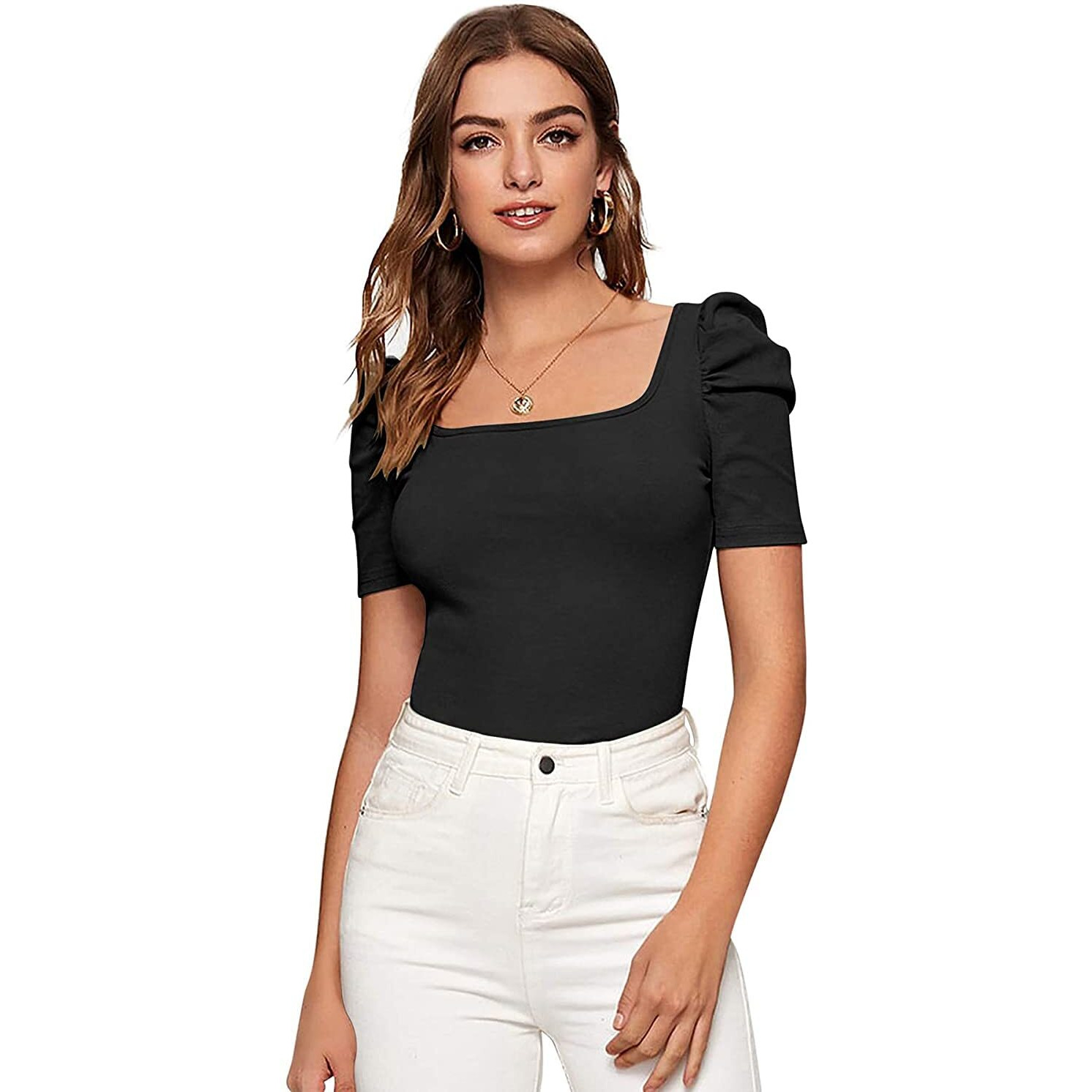 Wedani Women's Casual Puff Sleeves Solid Top (Medium, Black)