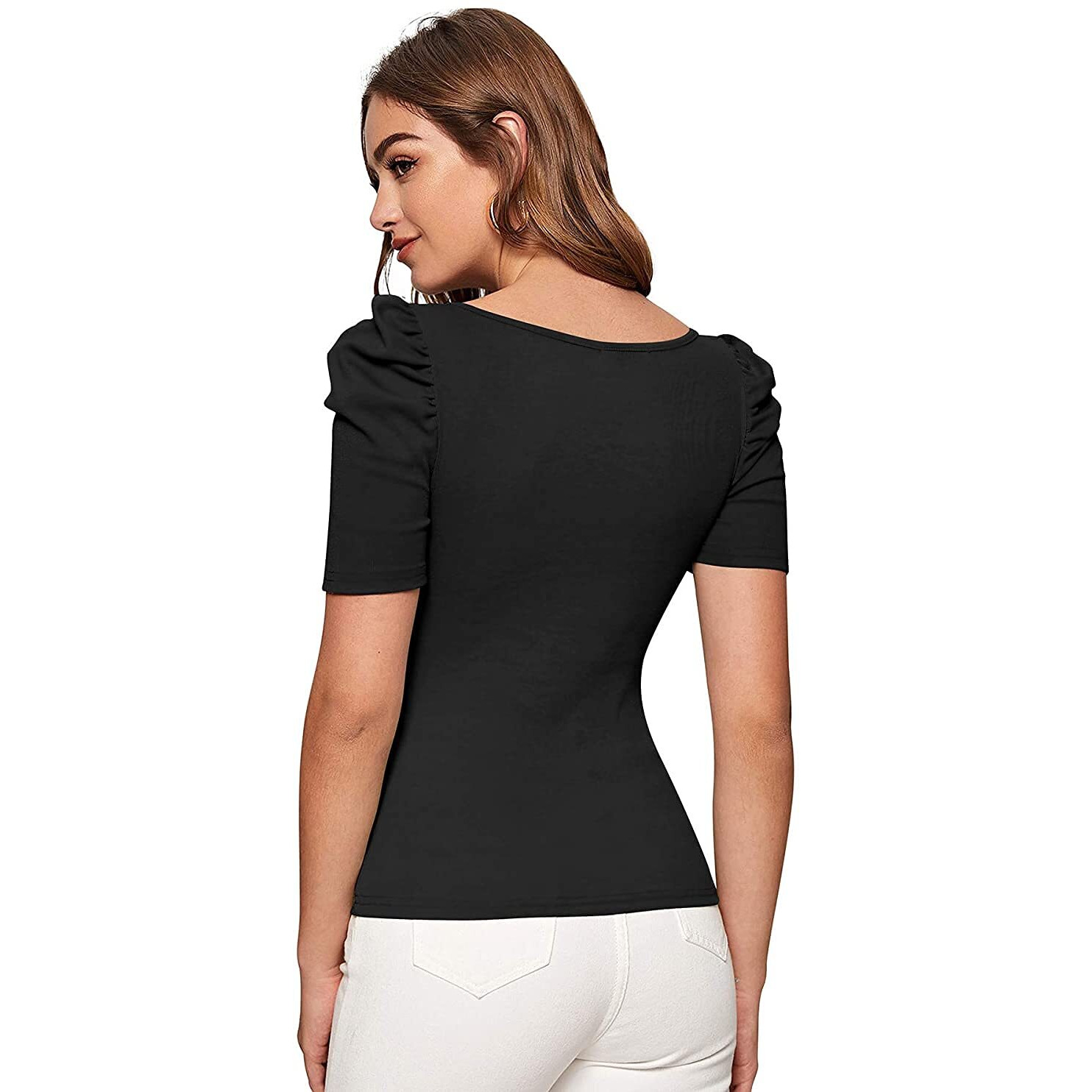 Wedani Women's Casual Puff Sleeves Solid Top (Medium, Black)