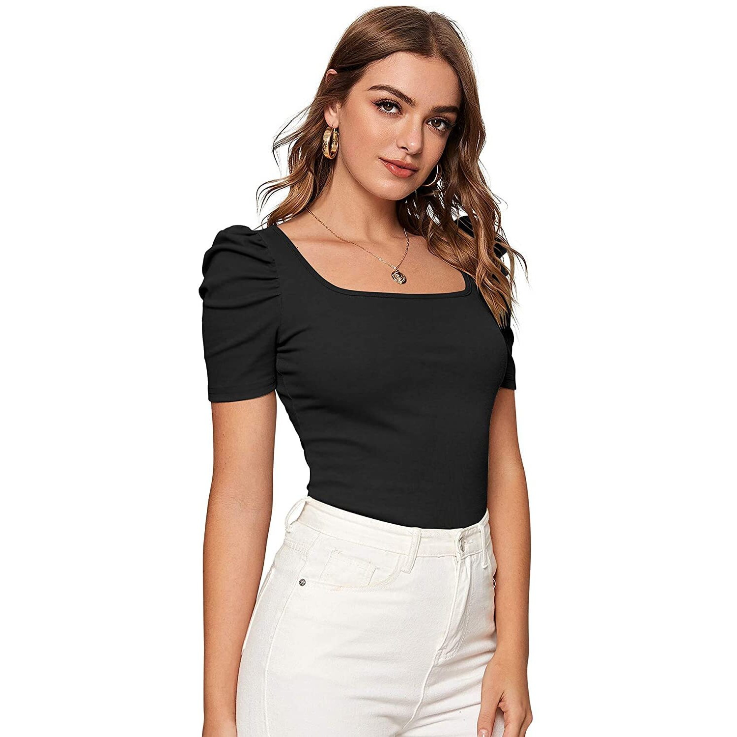Wedani Women's Casual Puff Sleeves Solid Top (Medium, Black)