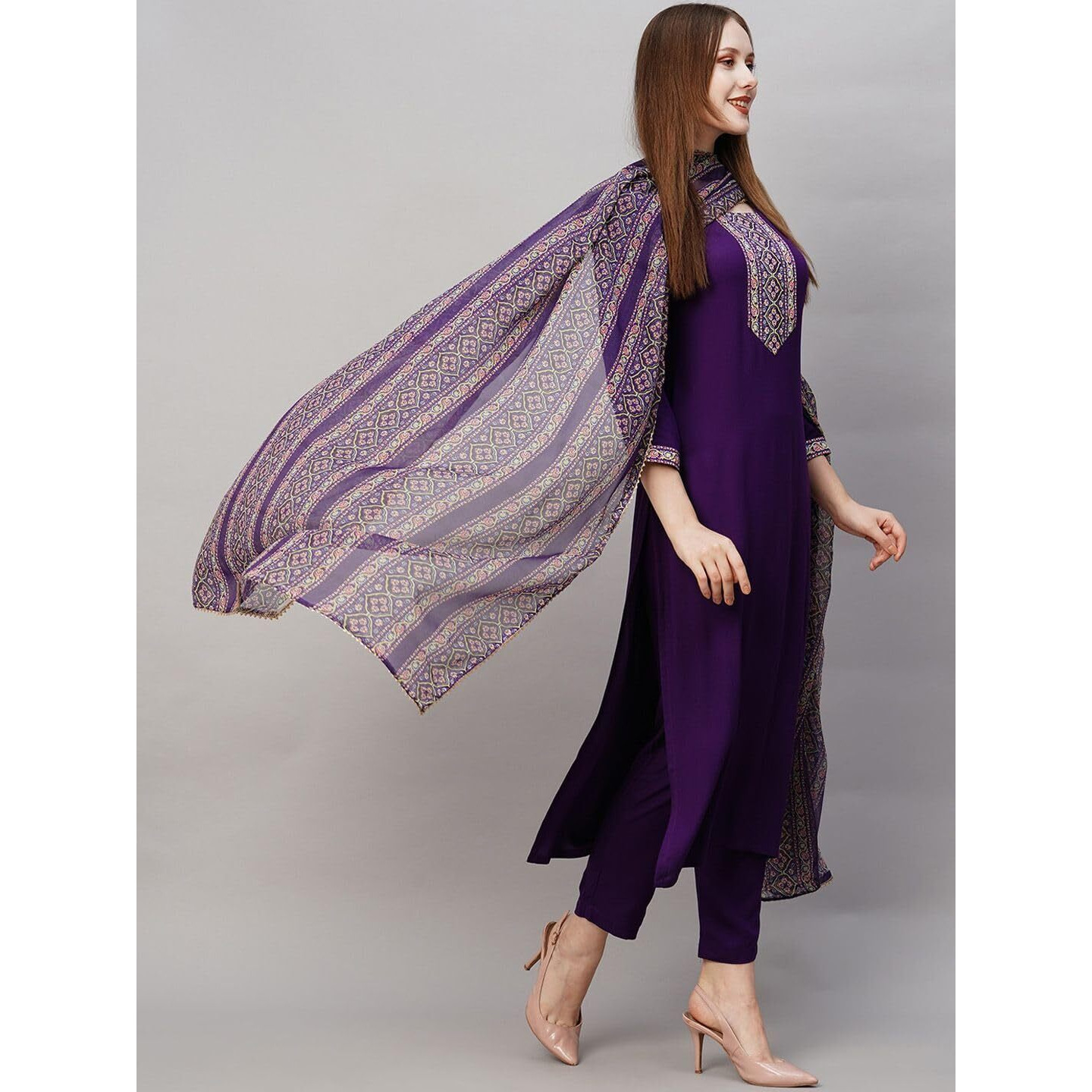 Wedani Cotton Digital Printed Kurta Set with Dupatta for Women (in, Alpha, XS, Regular, Purple)