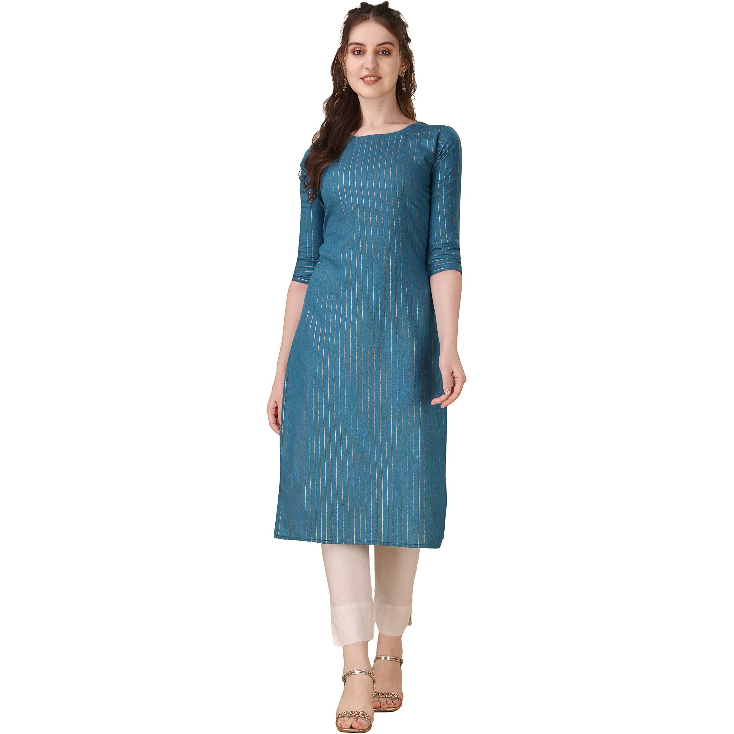 Wedani Women's Cotton Round Neck Casual wear Straight Kurta (KRT509) Blue