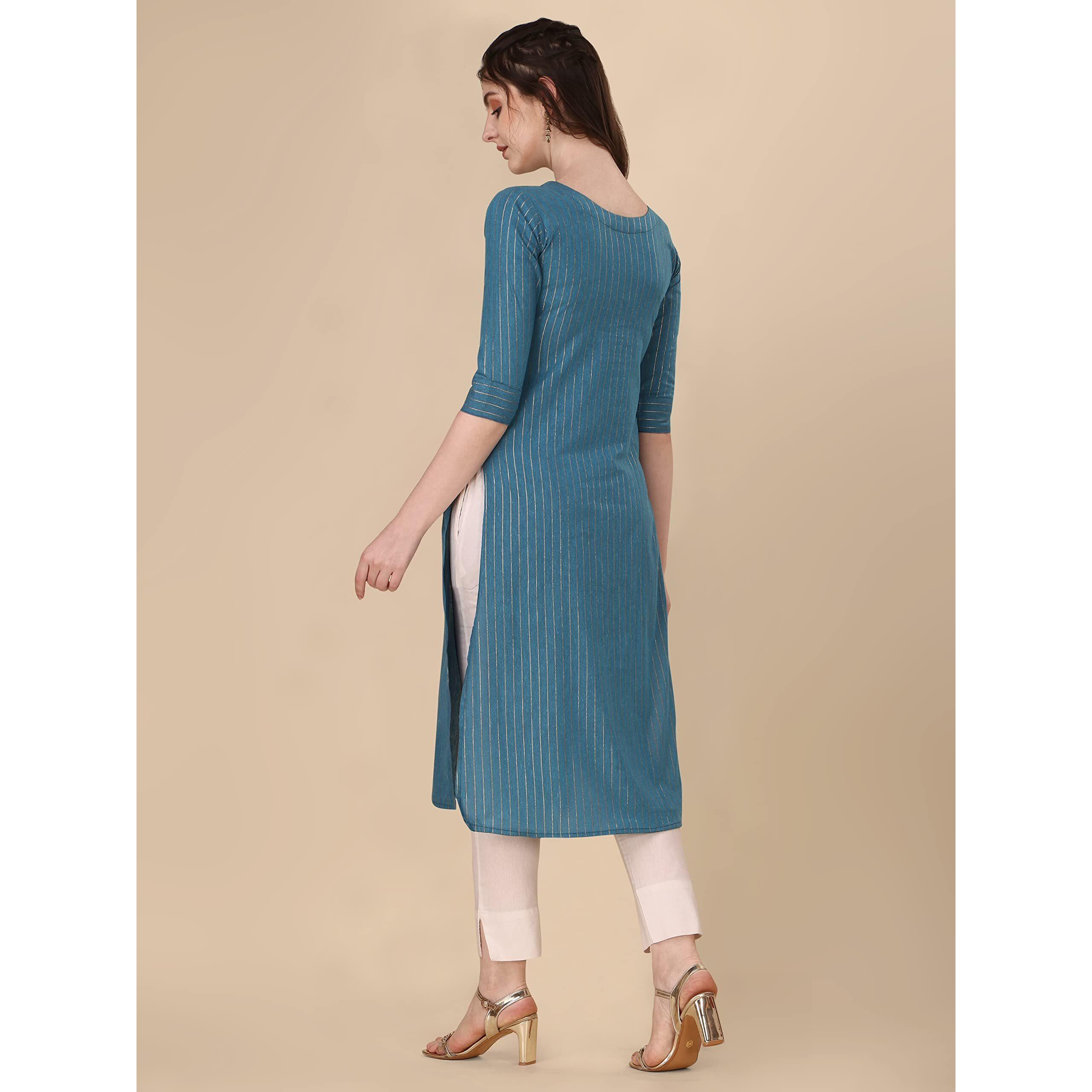 Wedani Women's Cotton Round Neck Casual wear Straight Kurta (KRT509) Blue