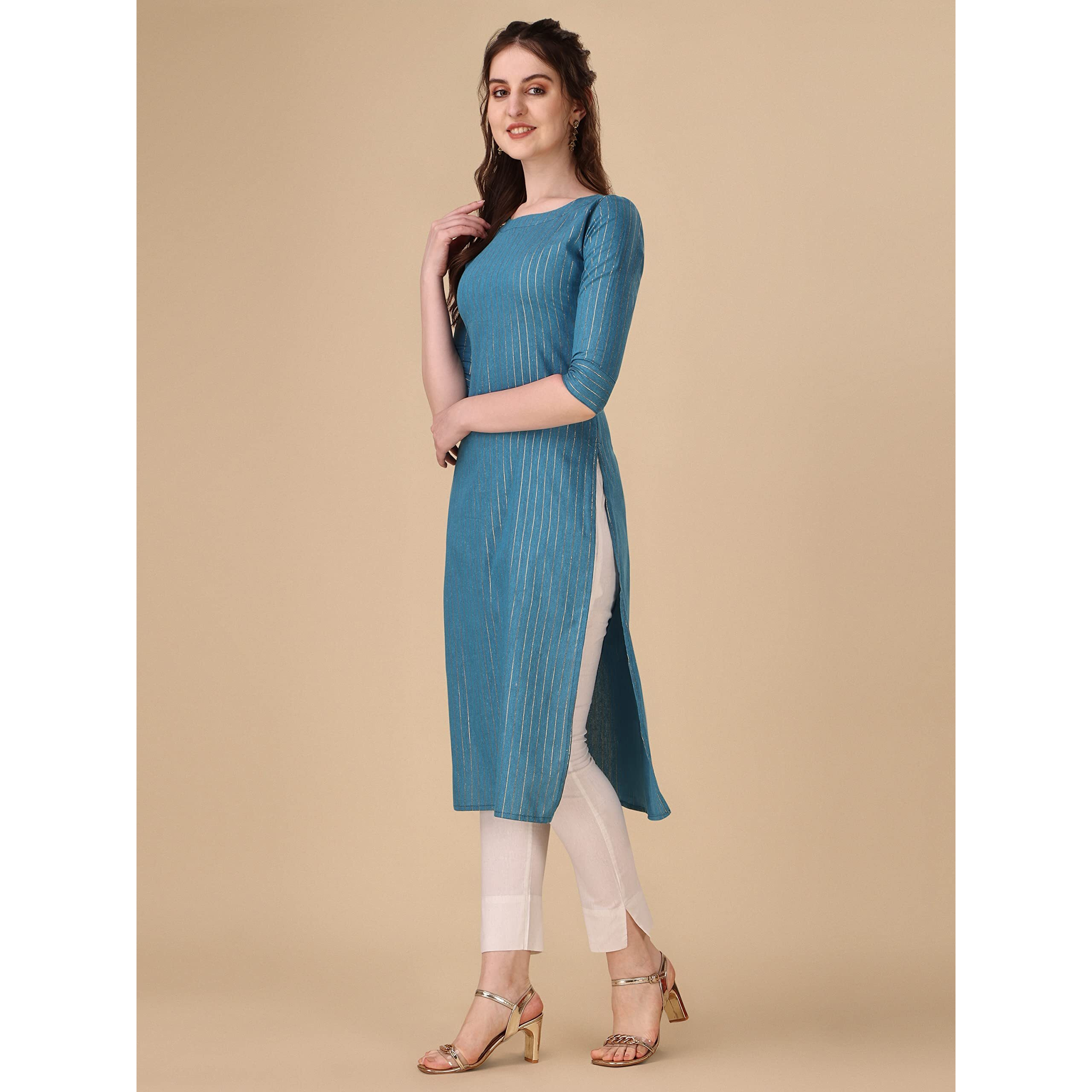 Wedani Women's Cotton Round Neck Casual wear Straight Kurta (KRT509) Blue