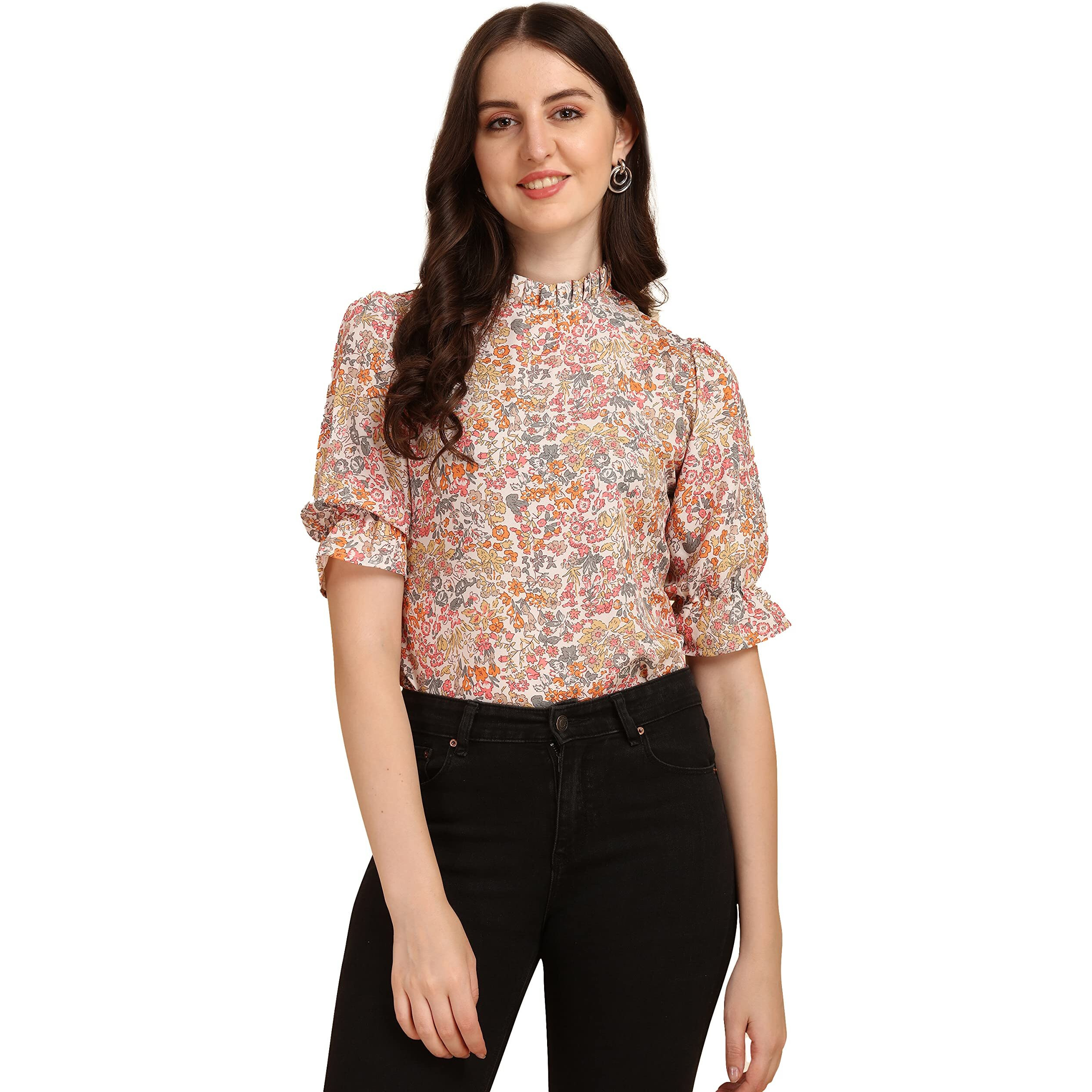Wedani Women's Casual Puff Sleeves Ruffled Collor Foral Top (X-Large, Beige)