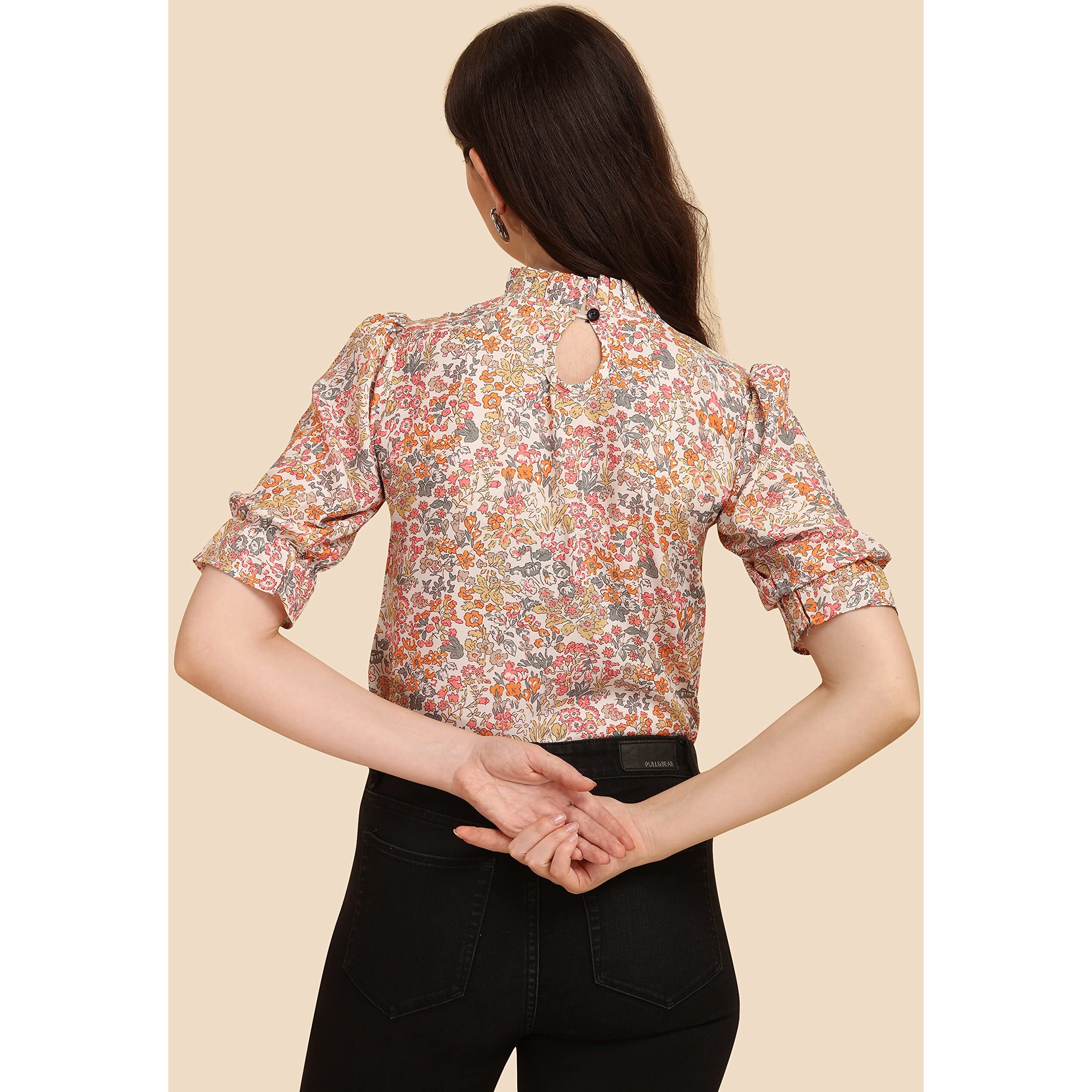 Wedani Women's Casual Puff Sleeves Ruffled Collor Foral Top (X-Large, Beige)