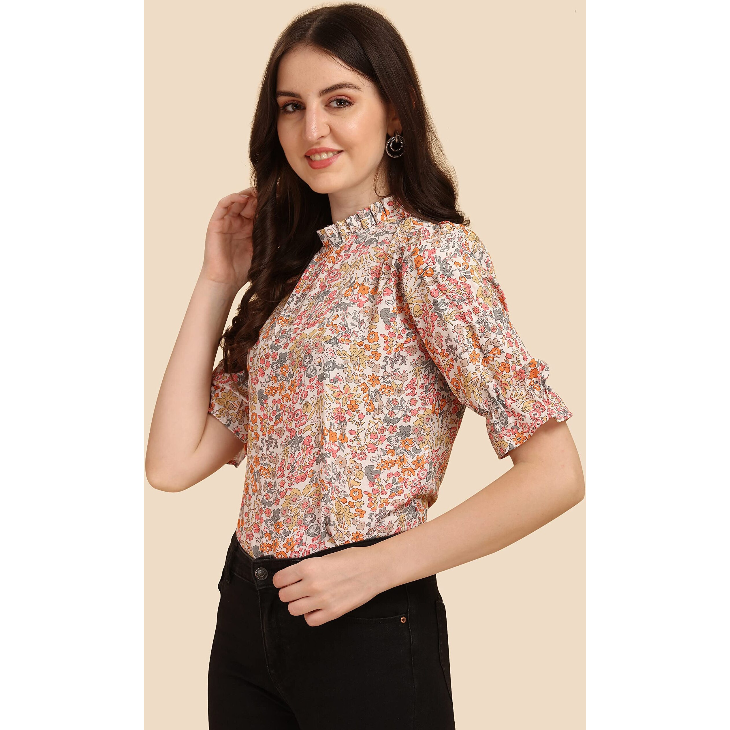 Wedani Women's Casual Puff Sleeves Ruffled Collor Foral Top (X-Large, Beige)