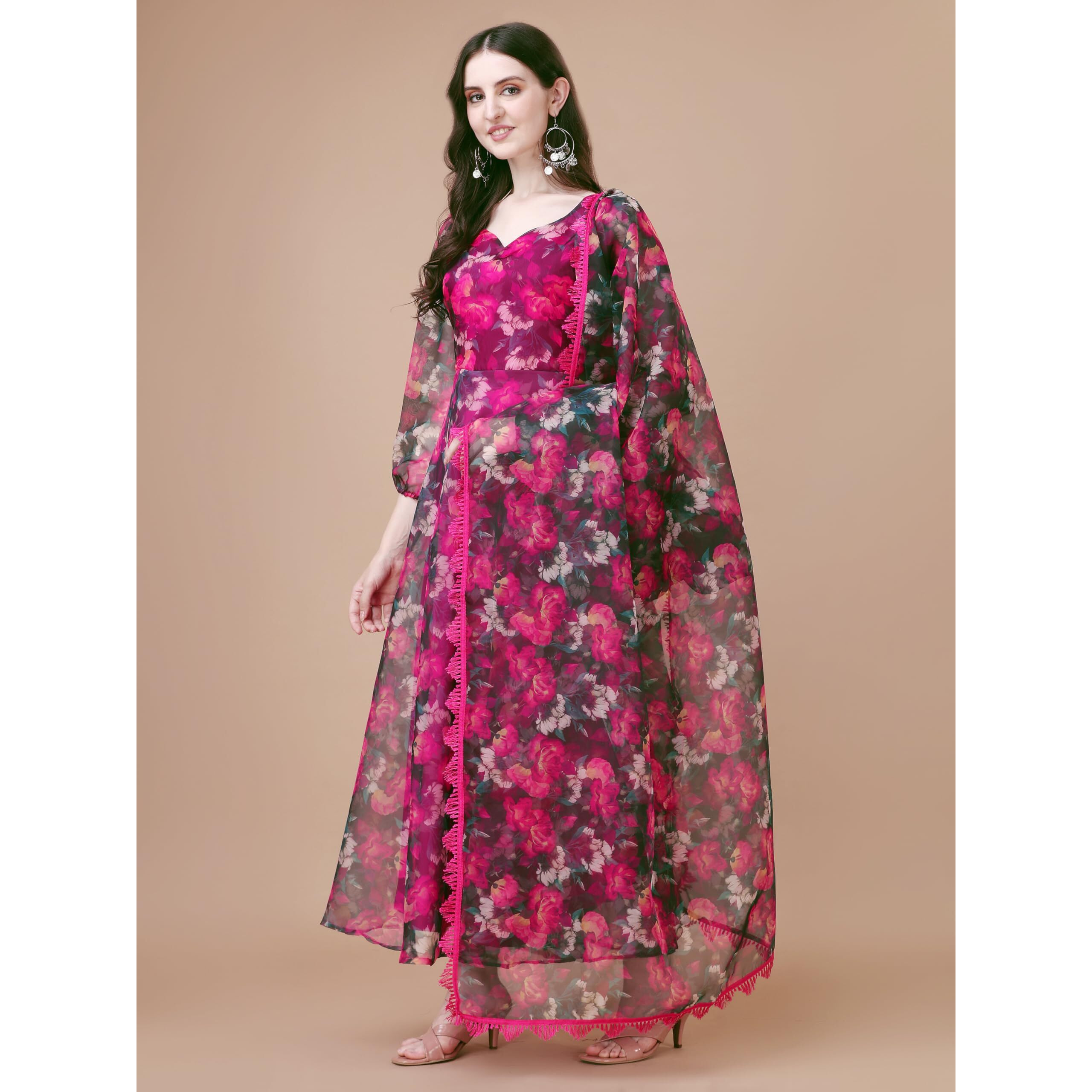 Wedani Women Floral Printed Kurta and Pant Set with Dupatta Pink