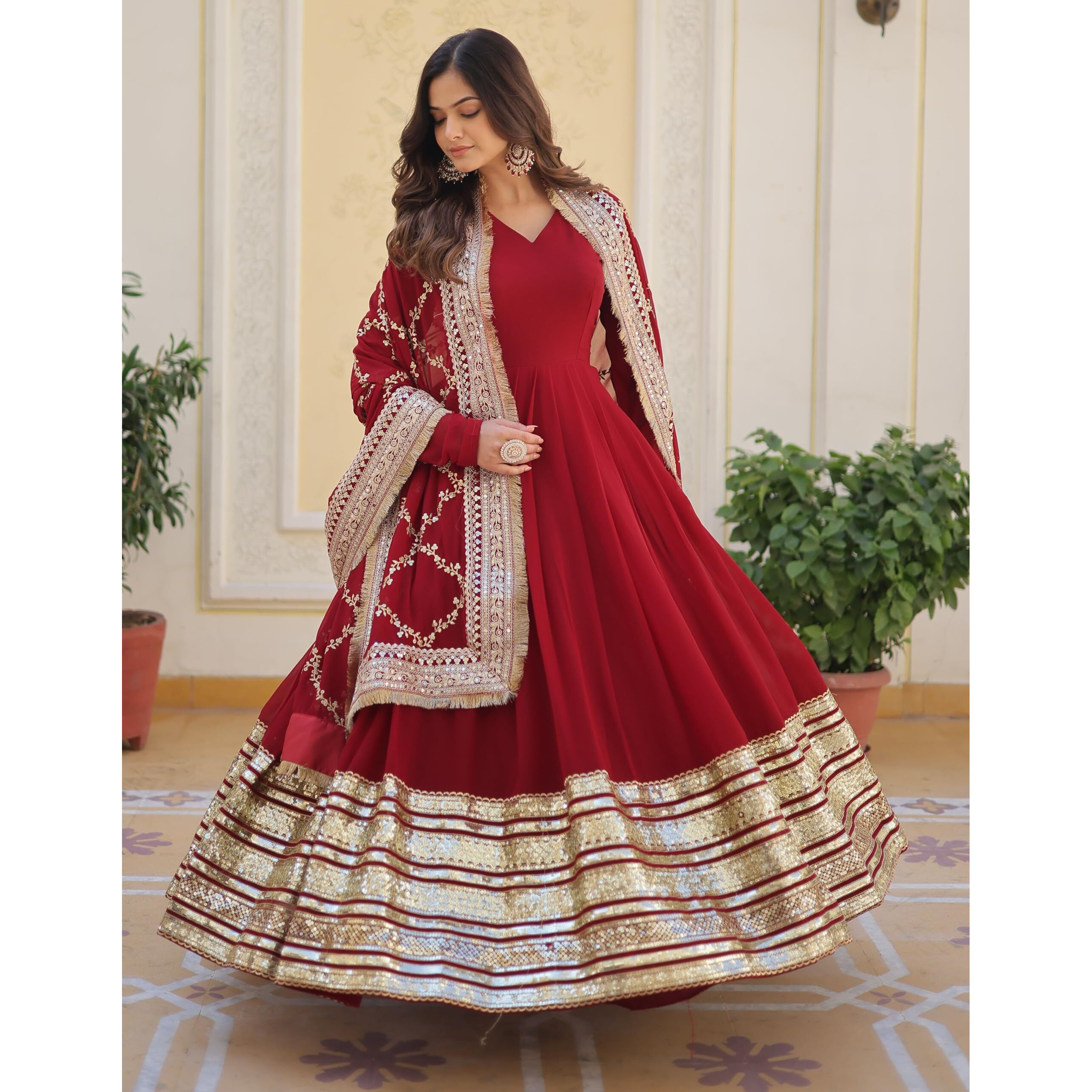 Wedani Georgette Maroon Anarkali Kurta Sett For women (IN, Alpha, L, Regular, MAROON)