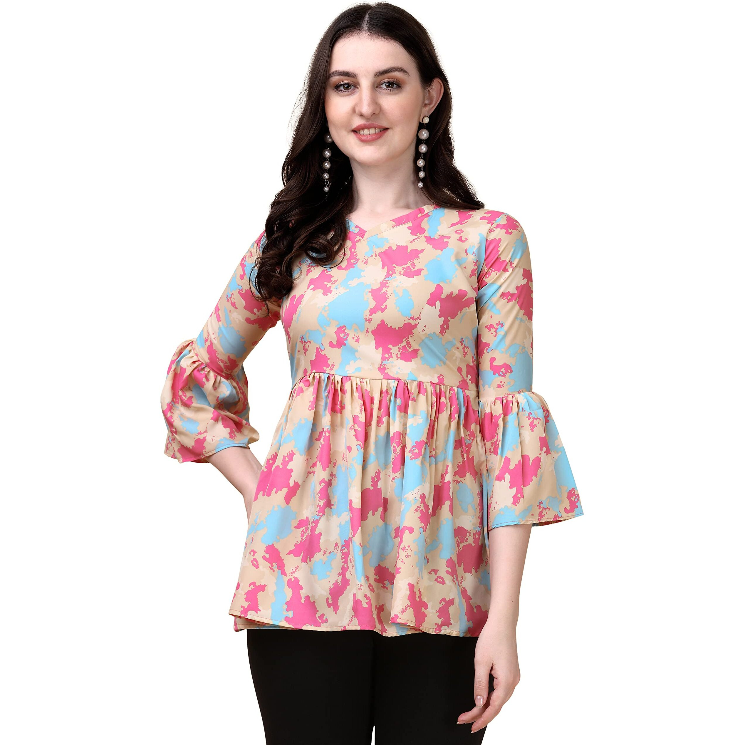 Wedani Women's Casual Bell Sleeves V-Neck Foral Top (Large, Beige)