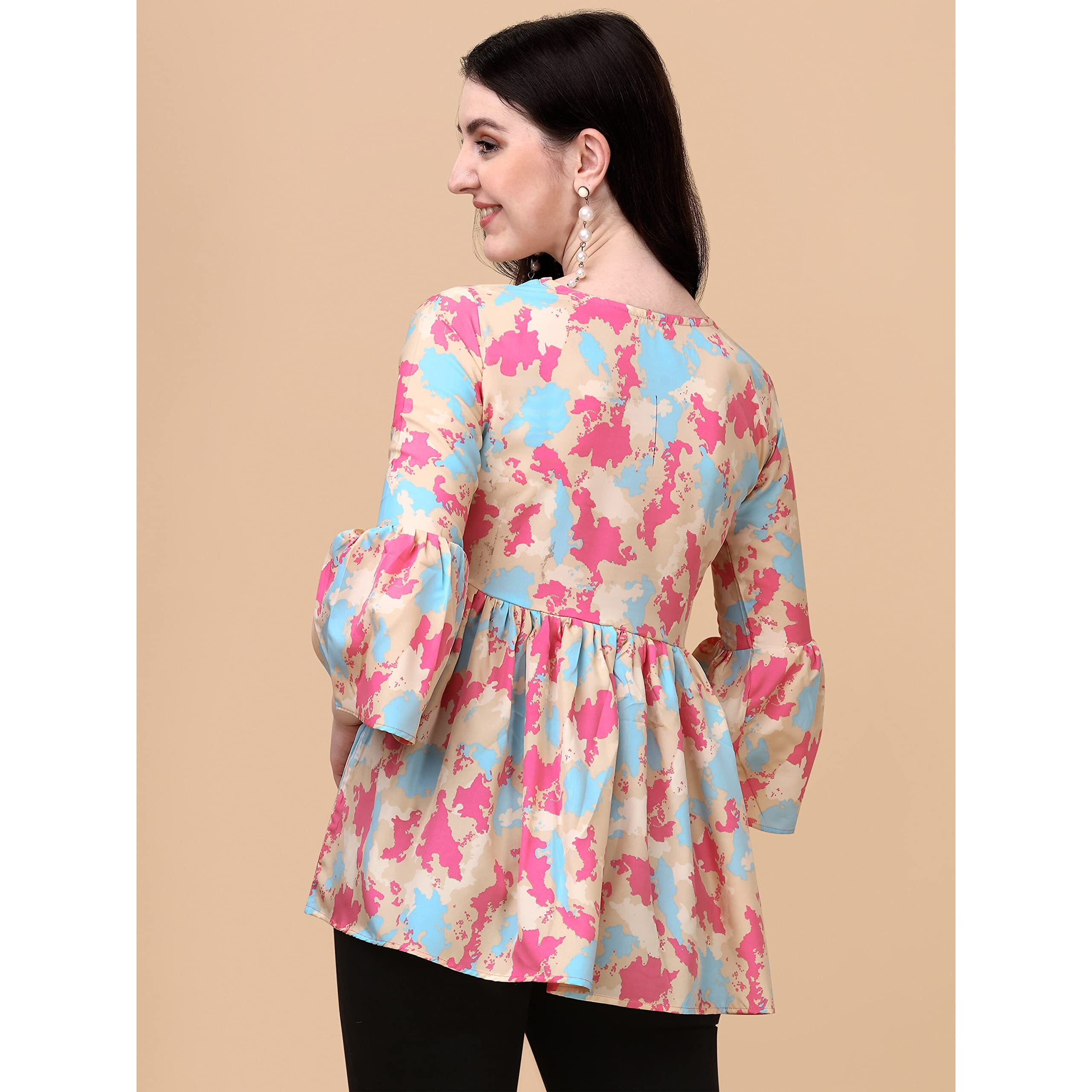 Wedani Women's Casual Bell Sleeves V-Neck Foral Top (Large, Beige)