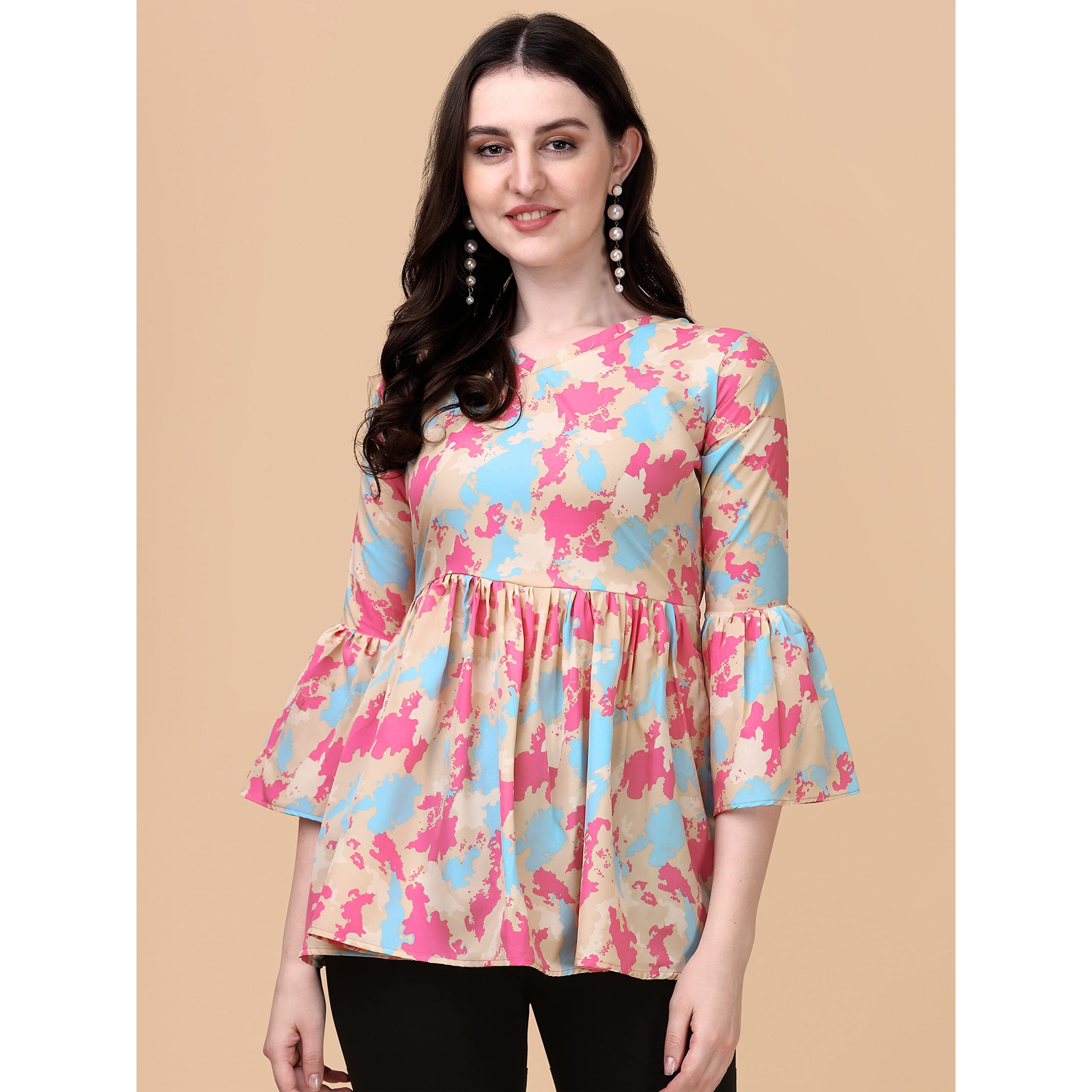 Wedani Women's Casual Bell Sleeves V-Neck Foral Top (Large, Beige)