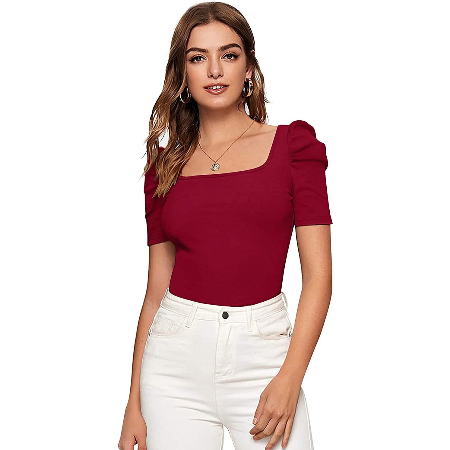 Wedani Women's Casual Puff Sleeves Solid Top (Large, Maroon)