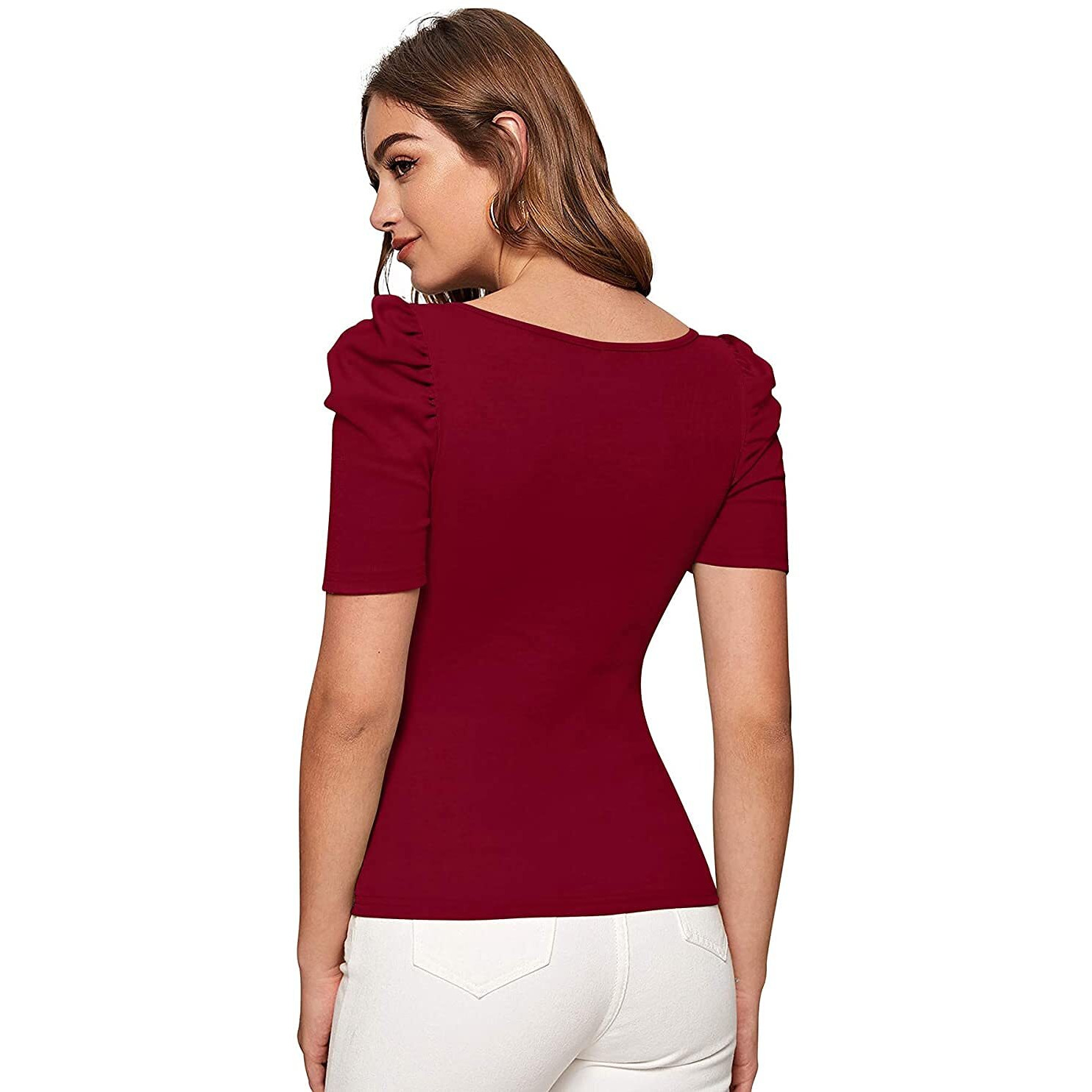 Wedani Women's Casual Puff Sleeves Solid Top (Large, Maroon)