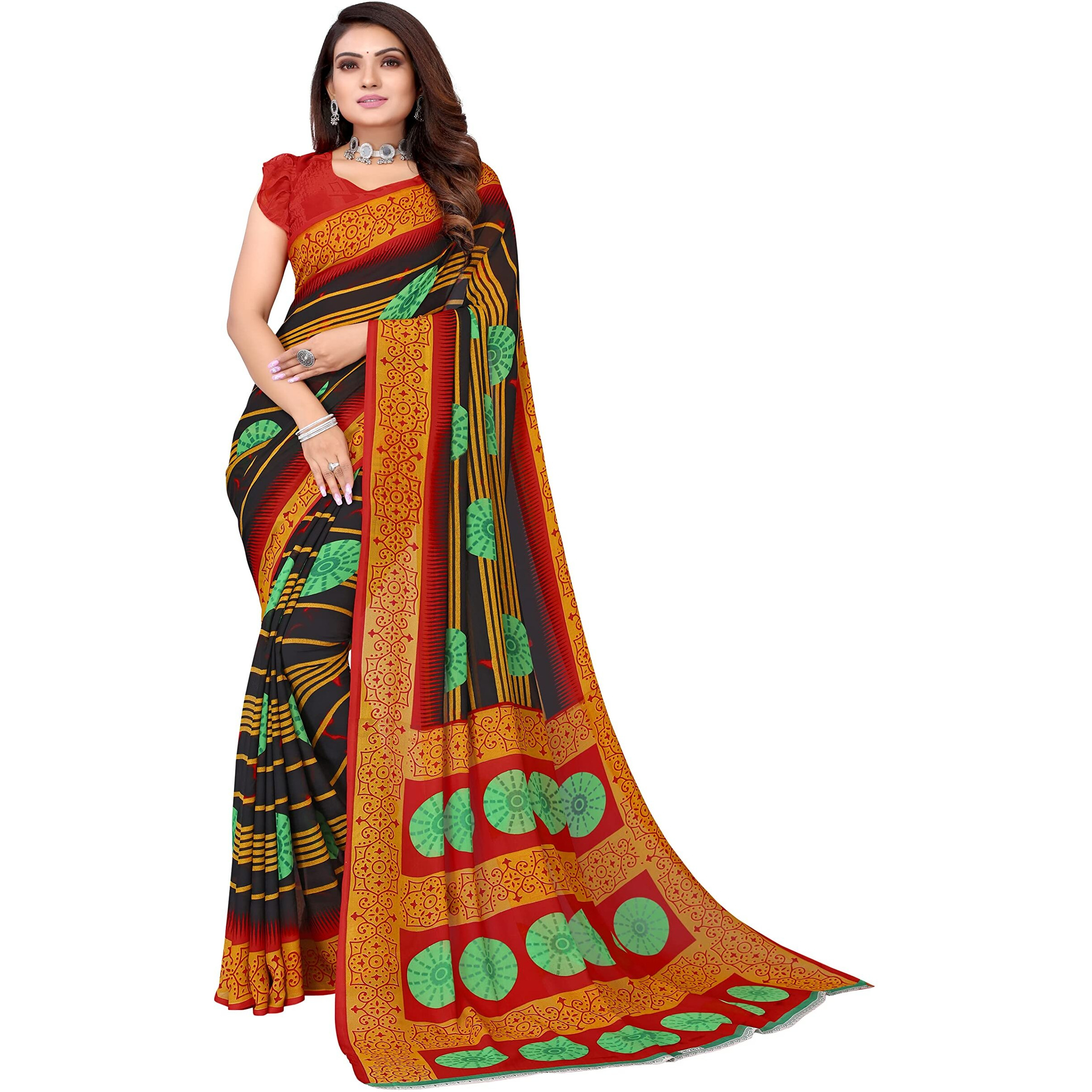 Yashika Womens Georgette Printed Saree With Blouse Piece(SHIVANI BLACK_Free Size)
