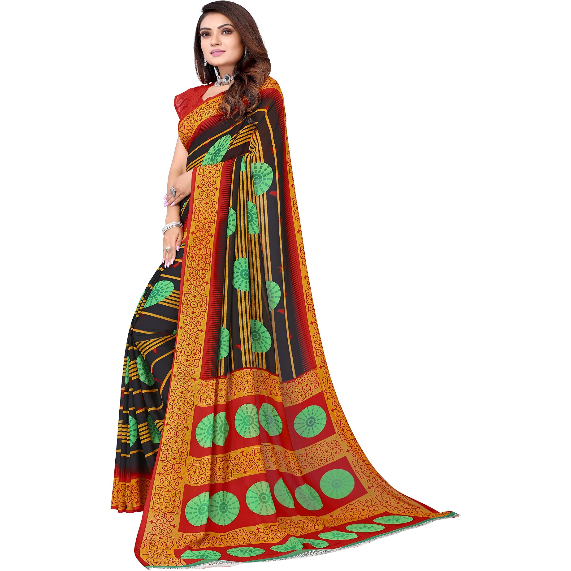 Yashika Womens Georgette Printed Saree With Blouse Piece(SHIVANI BLACK_Free Size)
