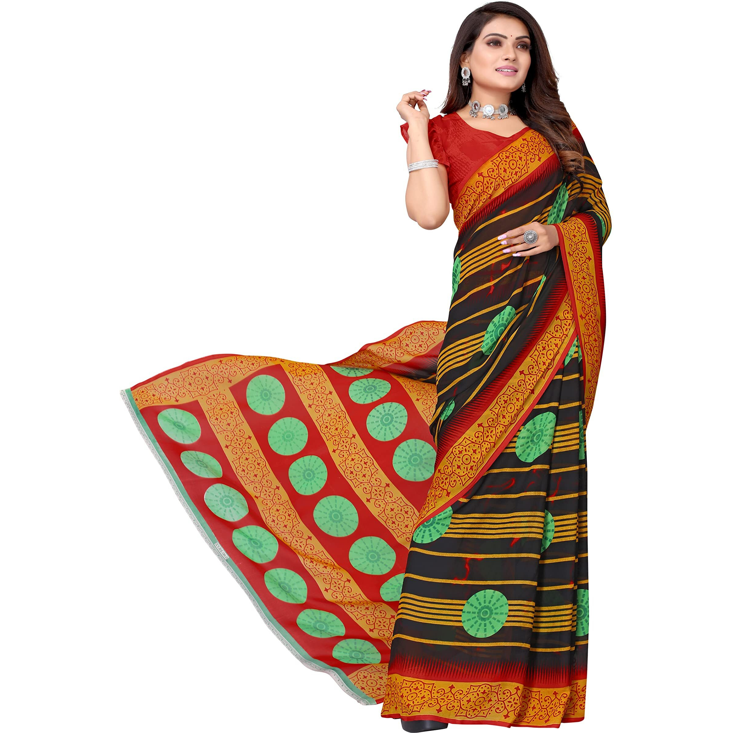 Yashika Womens Georgette Printed Saree With Blouse Piece(SHIVANI BLACK_Free Size)