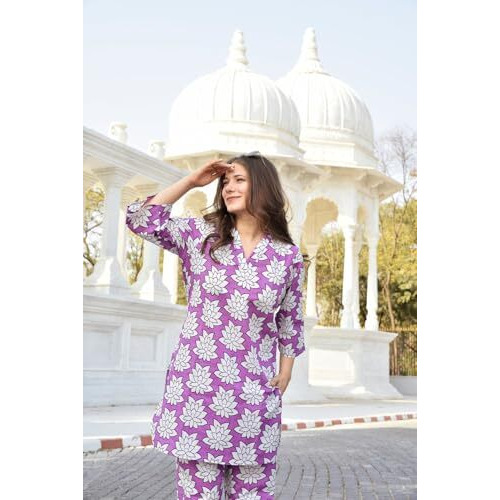 Yashika Women's Latest Printed Cotton Blend Straight Kurta and Pant Set (AZ-YS-OG1-KS2156-S_Purple