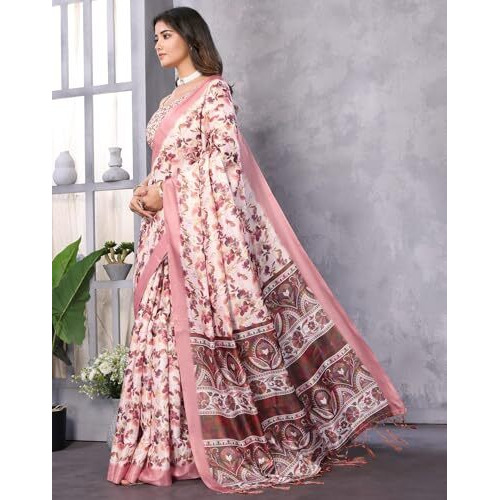Yashika Women's Digital Print Art Silk Cotton Saree with Tassels and Golden Border - Lightweight and Elegant Ethnic Wear for Festive and Casual Occasions (AZ-YS-P3-PUSHPA 03)
