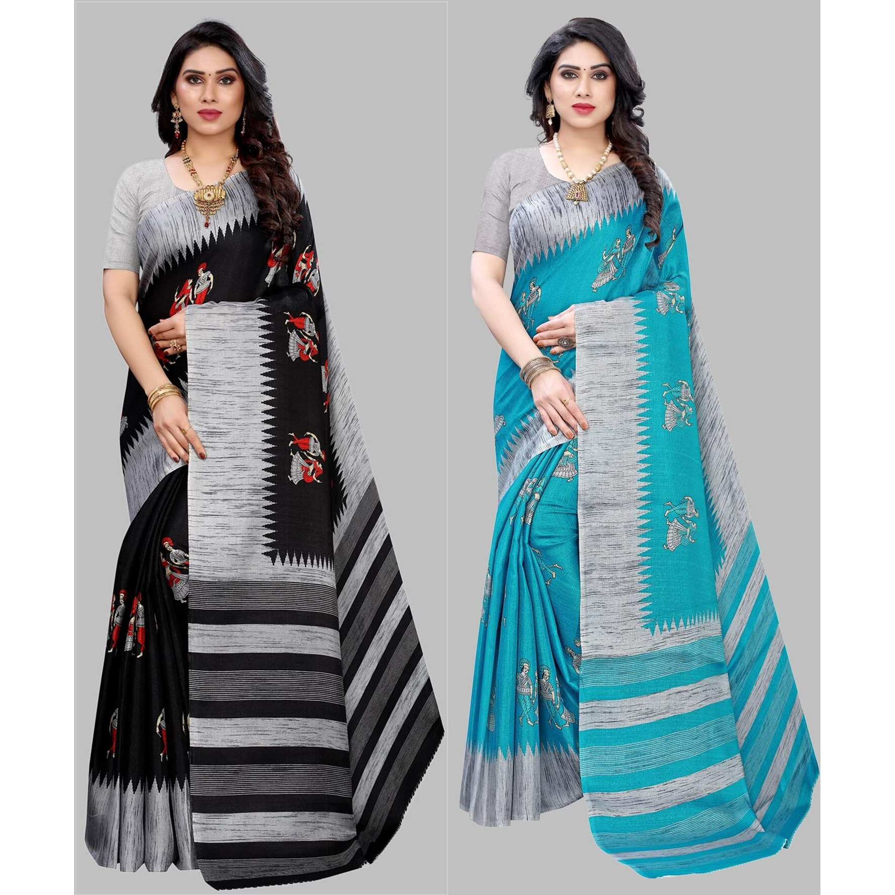 Yashika Women's Combo Art Silk Printed Saree With Blouse Piece Pack Of 2(NAURTA BLACK-NAURTA BLUE)