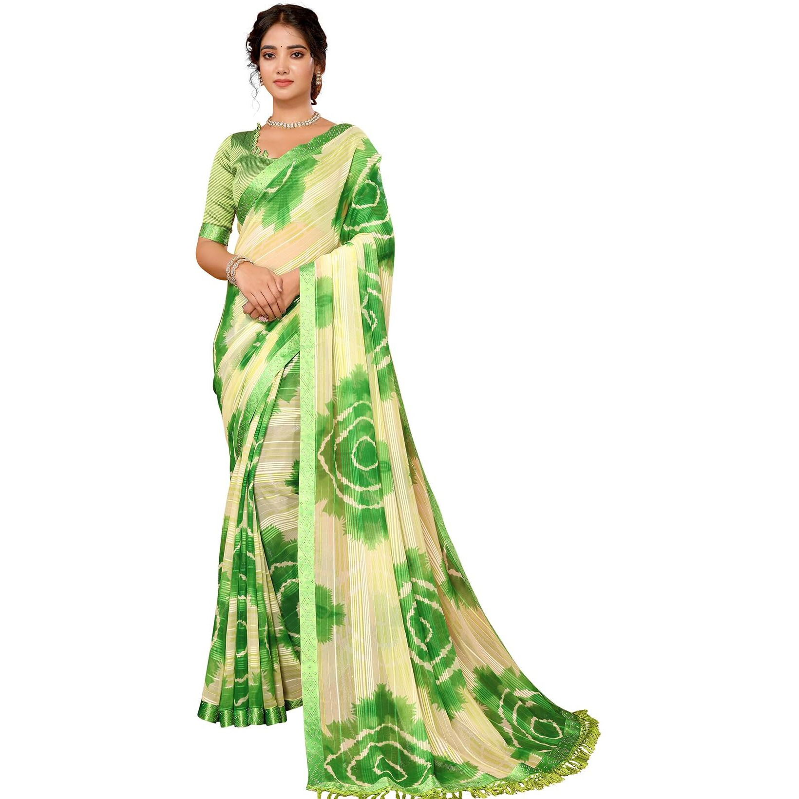 Yashika Women's Weightless Georgette Satin Printed Hot Fix Swarovski Lace with Tassels Unstitched Blouse Material Saree (AZ-YS-P1-SUFIYA-Parent_Green)