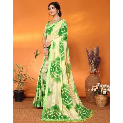 Yashika Women's Weightless Georgette Satin Printed Hot Fix Swarovski Lace with Tassels Unstitched Blouse Material Saree (AZ-YS-P1-SUFIYA-Parent_Green)