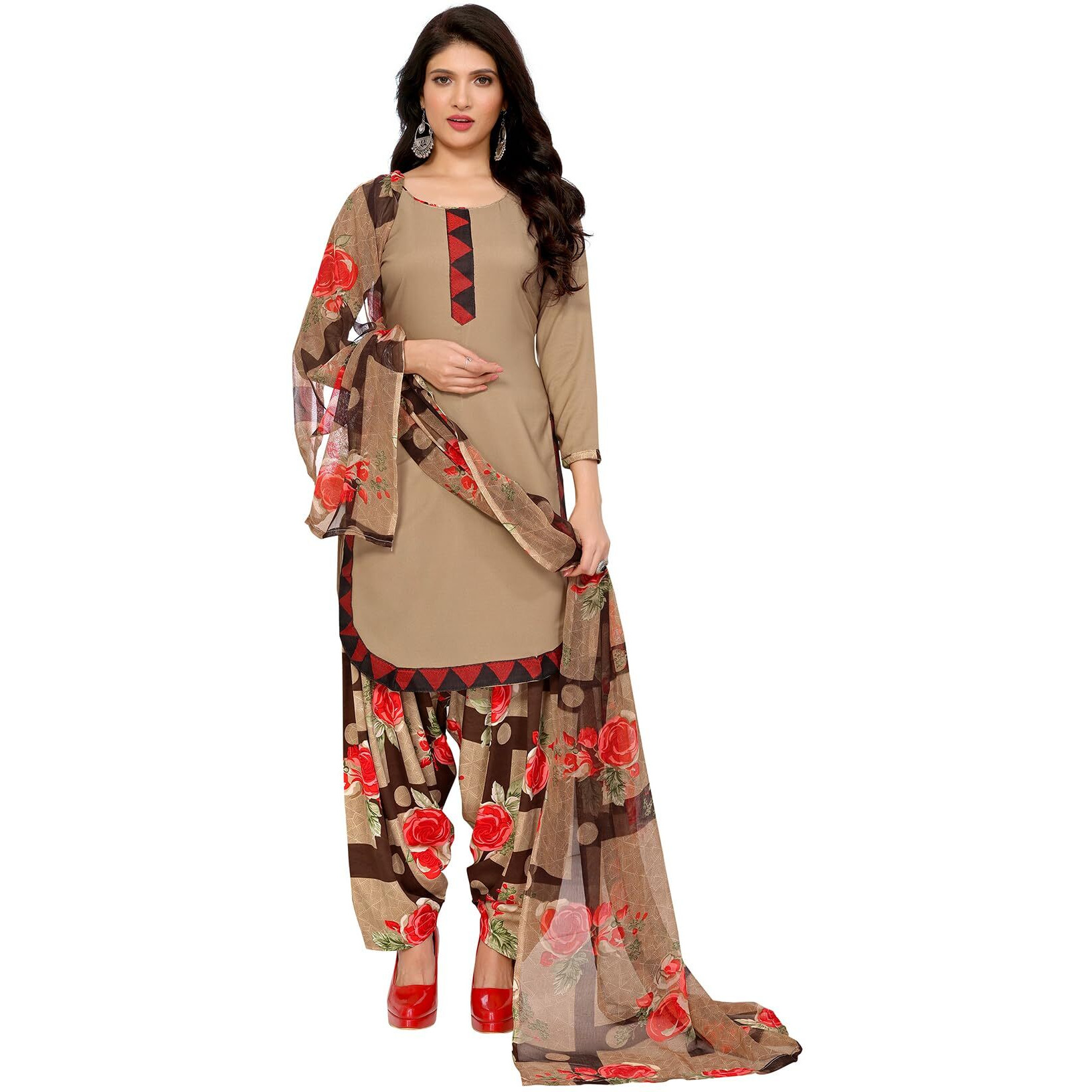 Yashika Women's Printed Dress Material - Unstitched Crepe Fabric Kurti, Pants & Dupatta Set (AZ-YS-P1-ADMIRING CHIKU)