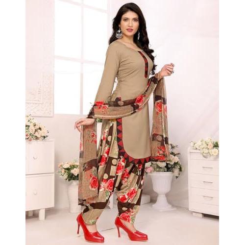 Yashika Women's Printed Dress Material - Unstitched Crepe Fabric Kurti, Pants & Dupatta Set (AZ-YS-P1-ADMIRING CHIKU)