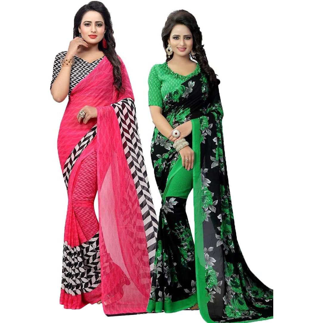 Yashika Women's Jacquard Pure Georgette Saree Combo (PIKU Pink_Floral Green