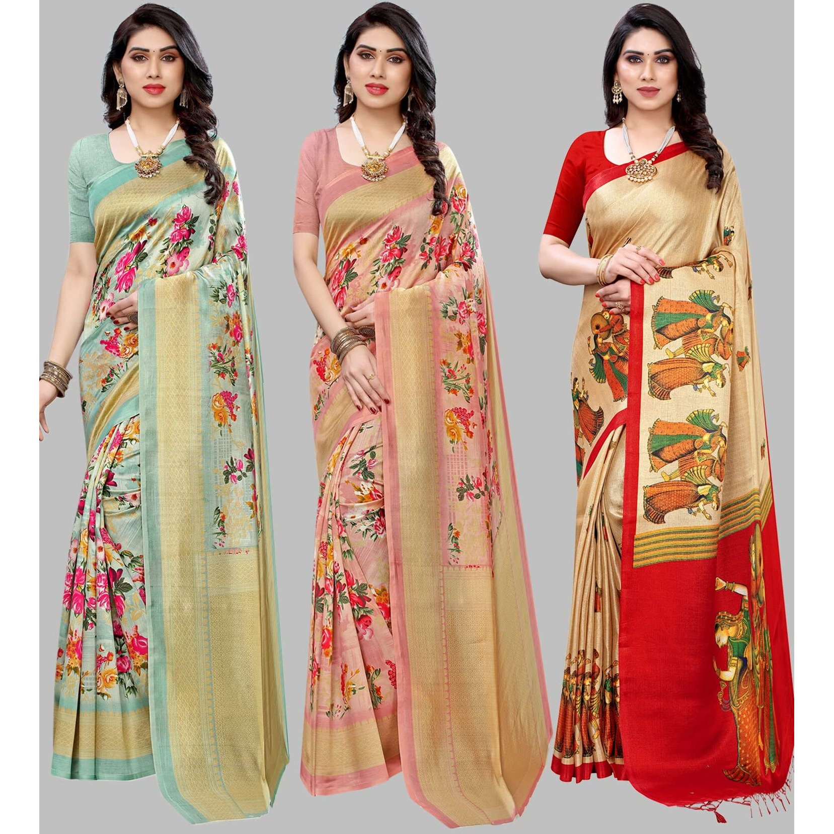 Yashika Women's Combo Art Silk Saree with Blouse Piece-Pack of 3 Light Green-AIR Peach-RAJARANI CHICKU CHIKU_Multicolor-02