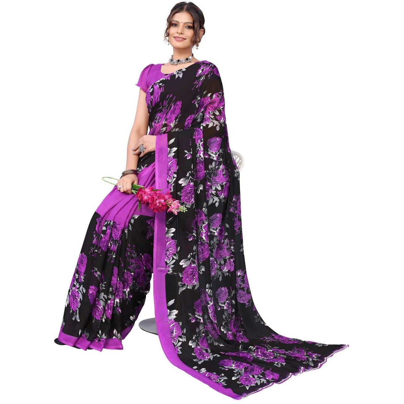 Yashika Women's Jacquard Georgette Saree (Floral Violet_W_Purple)