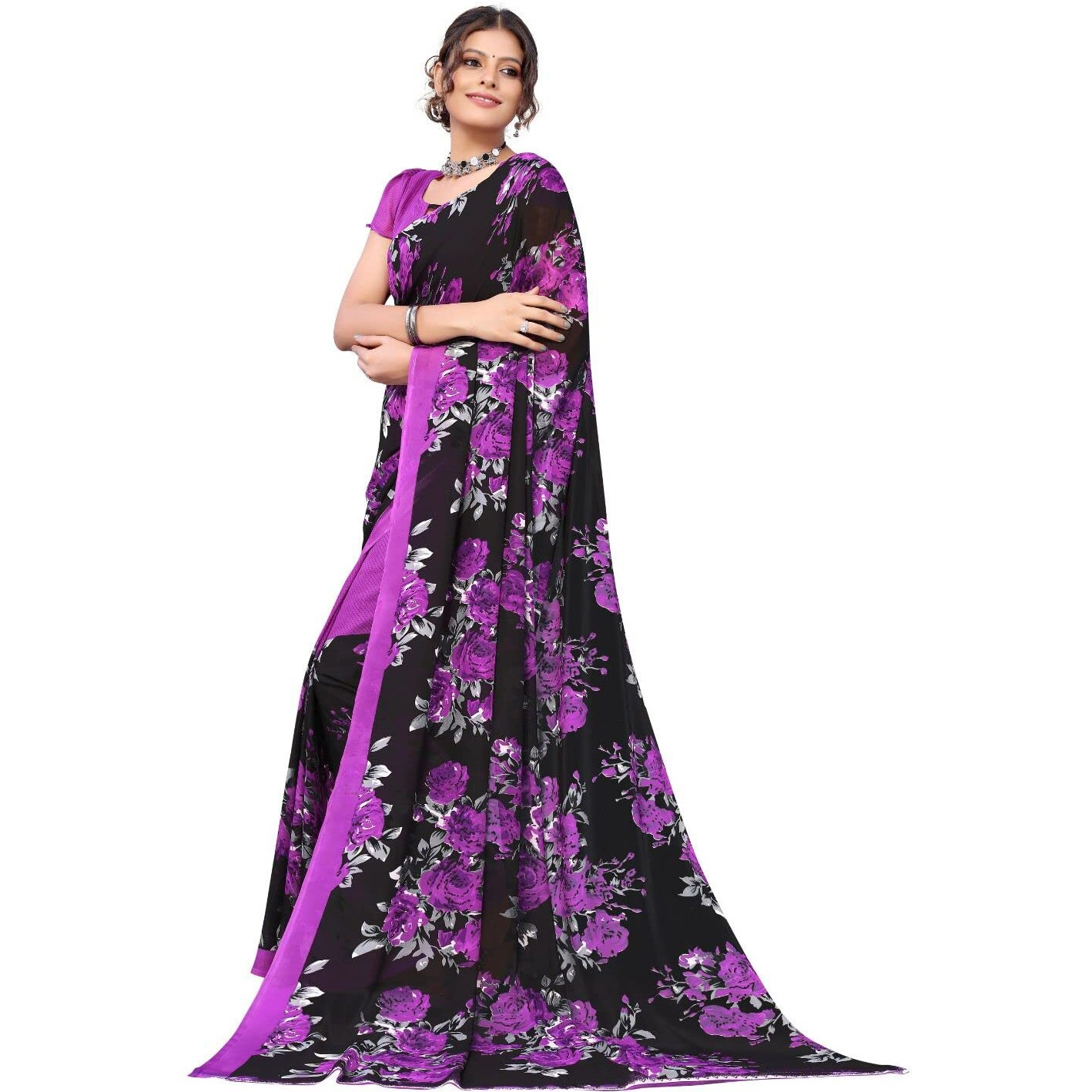 Yashika Women's Jacquard Georgette Saree (Floral Violet_W_Purple)