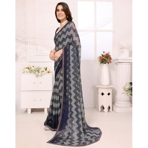 Yashika Women's Woven Latest Georgette and Hot Fix Lace Saree with Unstitched Blouse Material (AZ-YS-P1-BANDANA-Parent_Navy)