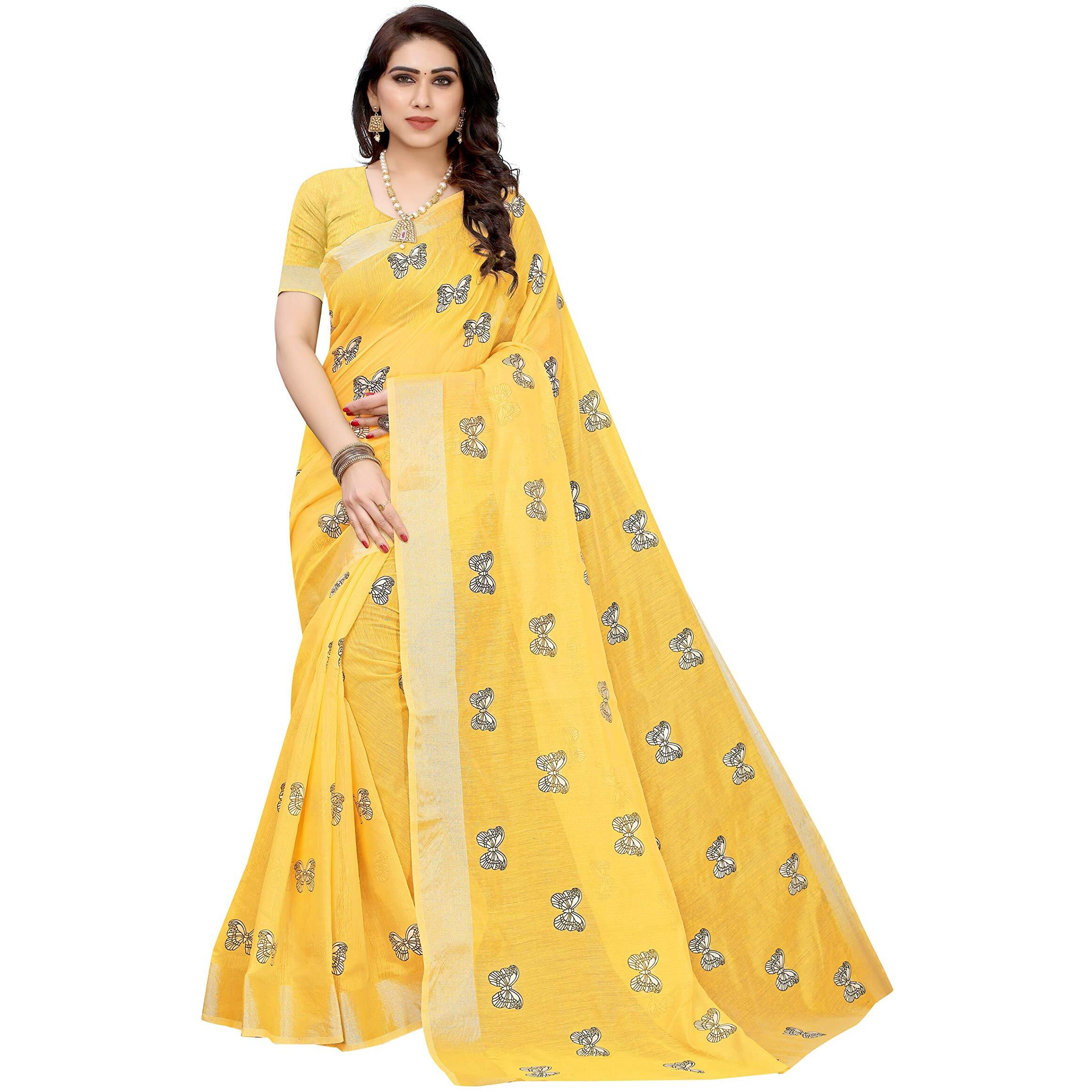 Yashika Women's Chanderi Cotton Saree With Blouse Piece(TITALEE YELLOW_Free Size)