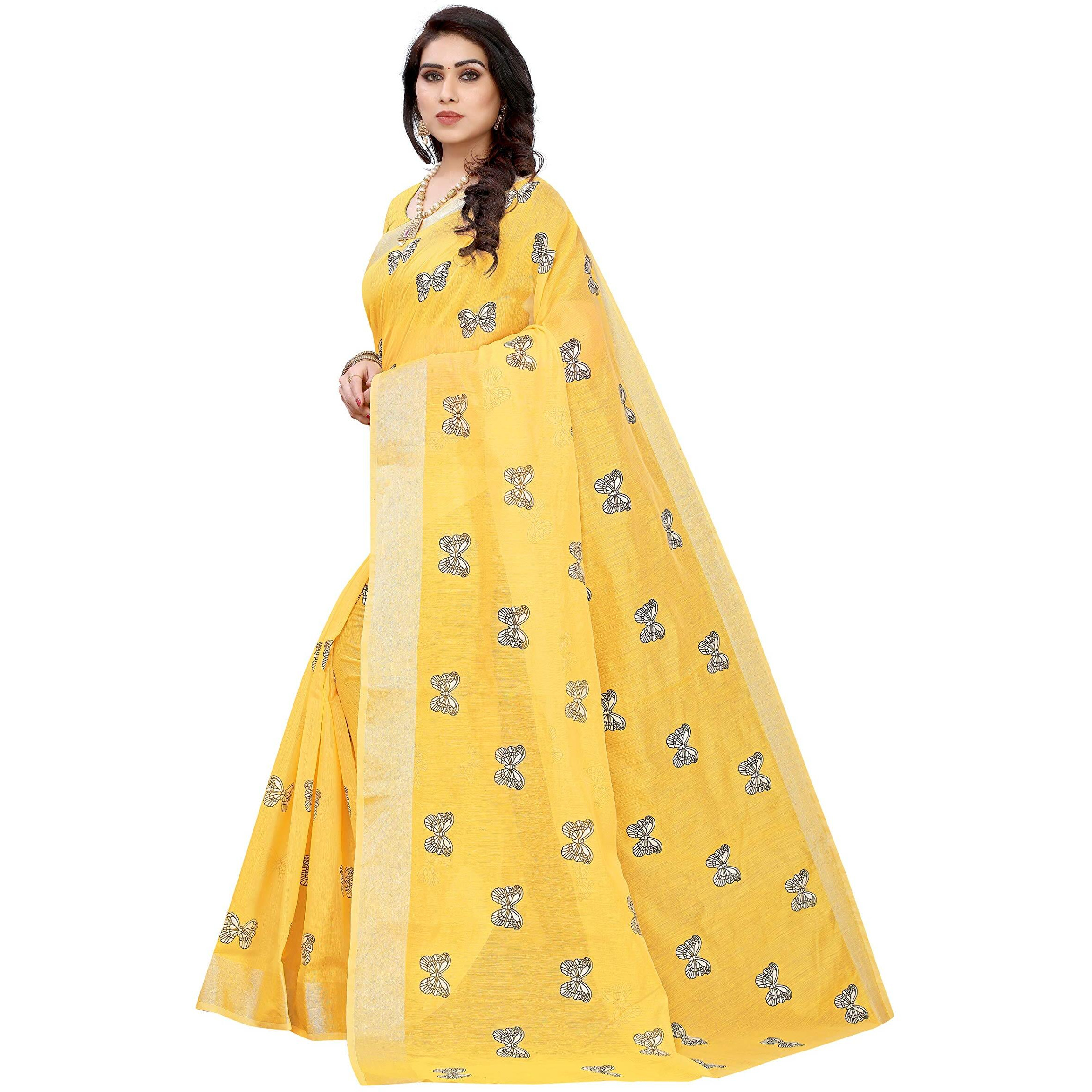 Yashika Women's Chanderi Cotton Saree With Blouse Piece(TITALEE YELLOW_Free Size)
