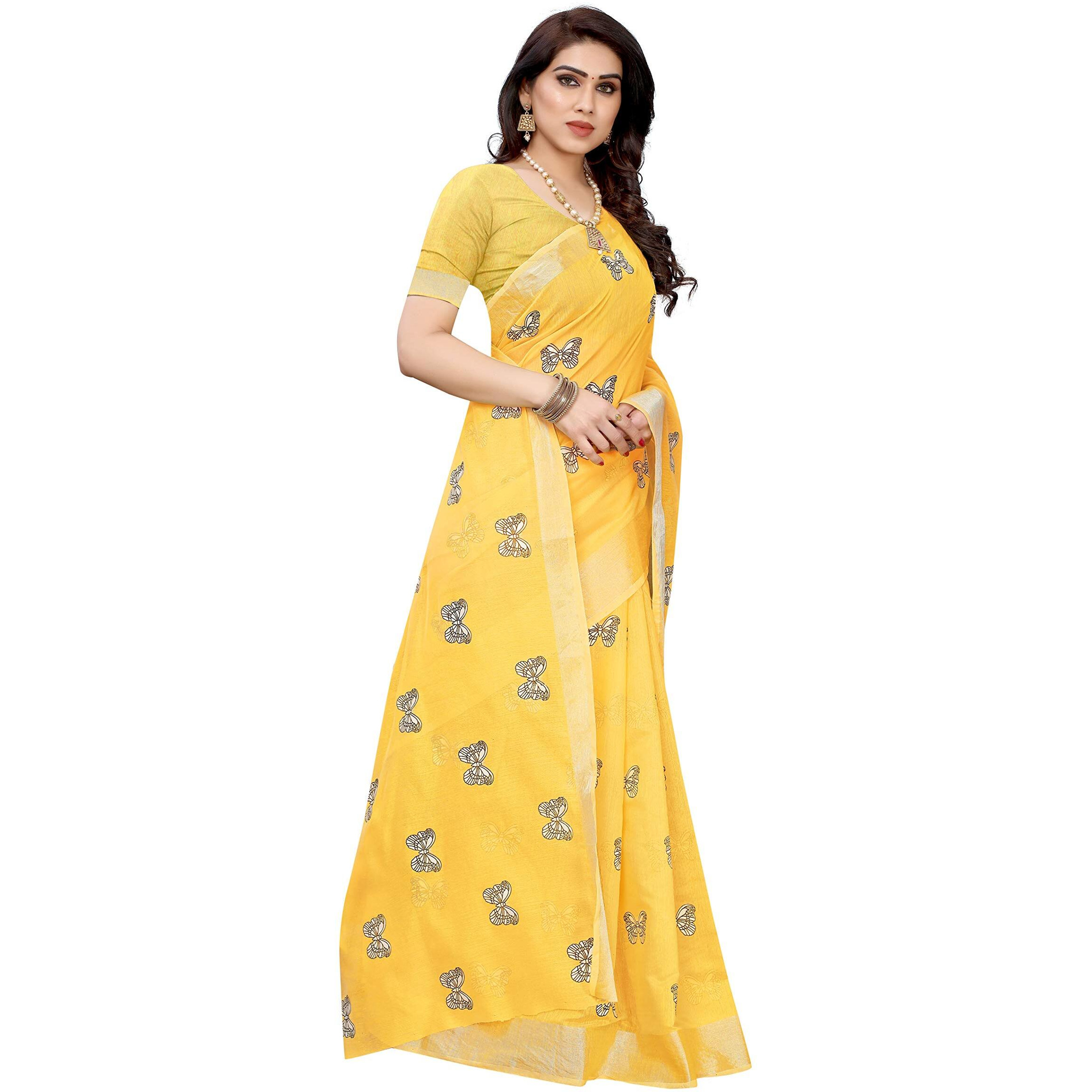 Yashika Women's Chanderi Cotton Saree With Blouse Piece(TITALEE YELLOW_Free Size)