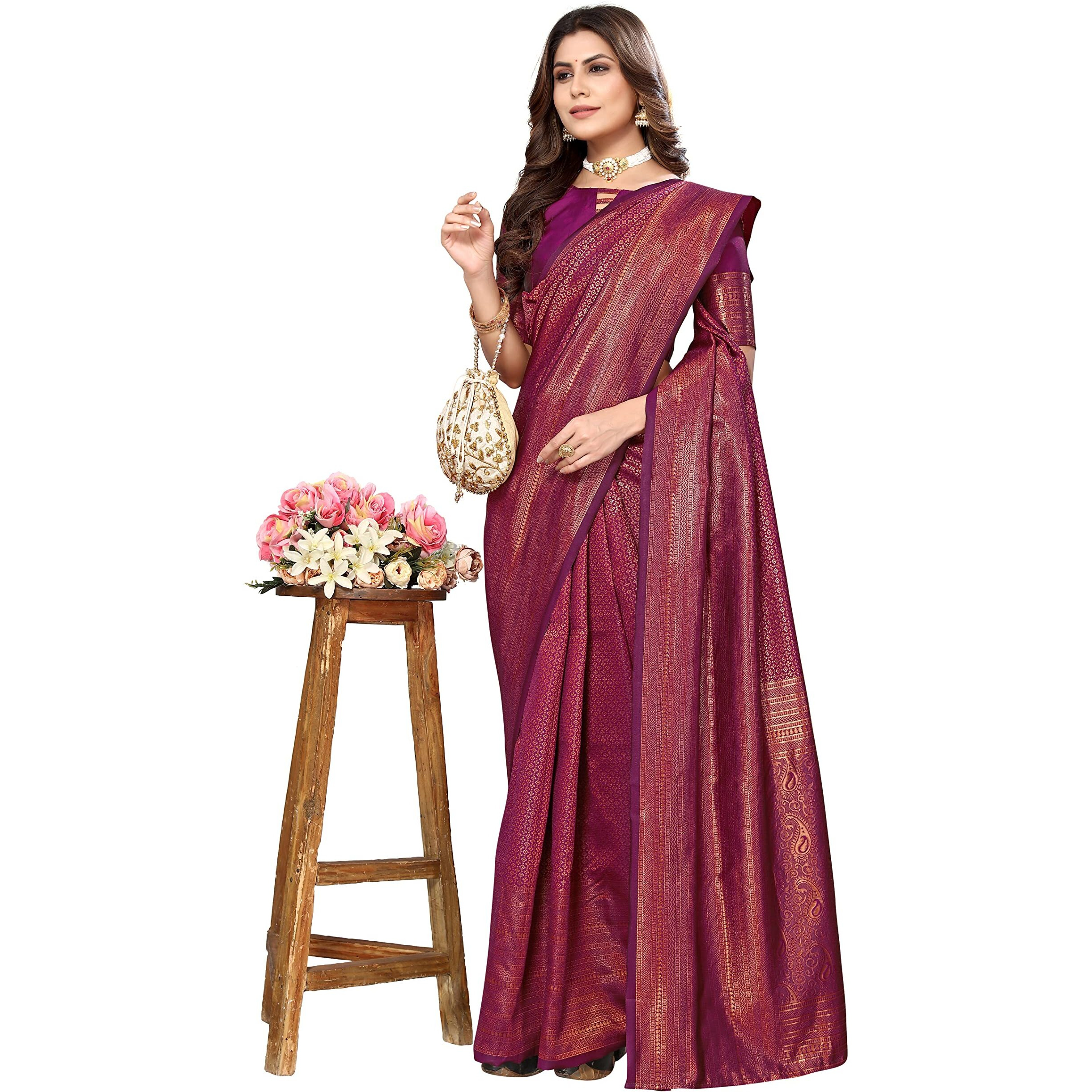 Yashika Women's Jaquard Art Silk Weaving Saree with Blouse Piece (New-NISTHA Purple)
