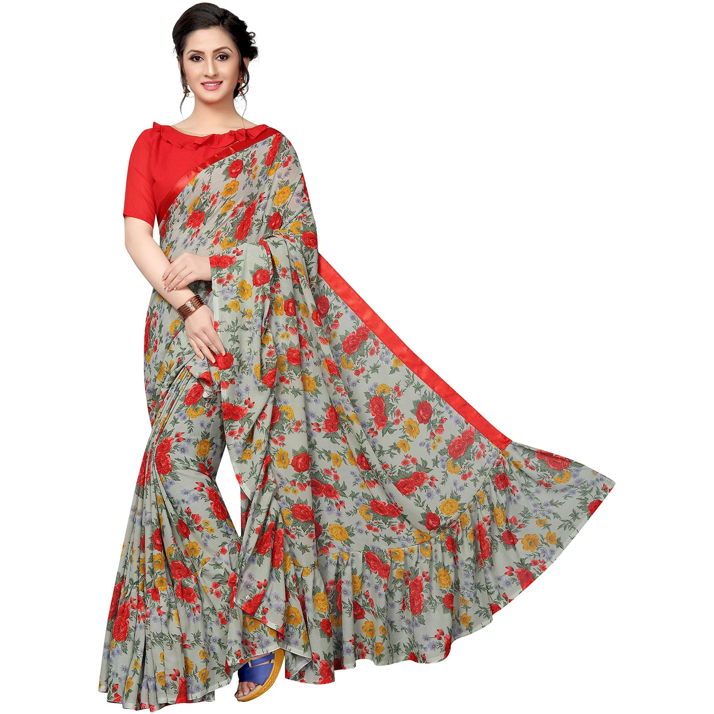 Yashika women's Georgette light weight saree with blouse piece (Multi-Color_Free_Size) SDPL-RUFFLE MULTI RED