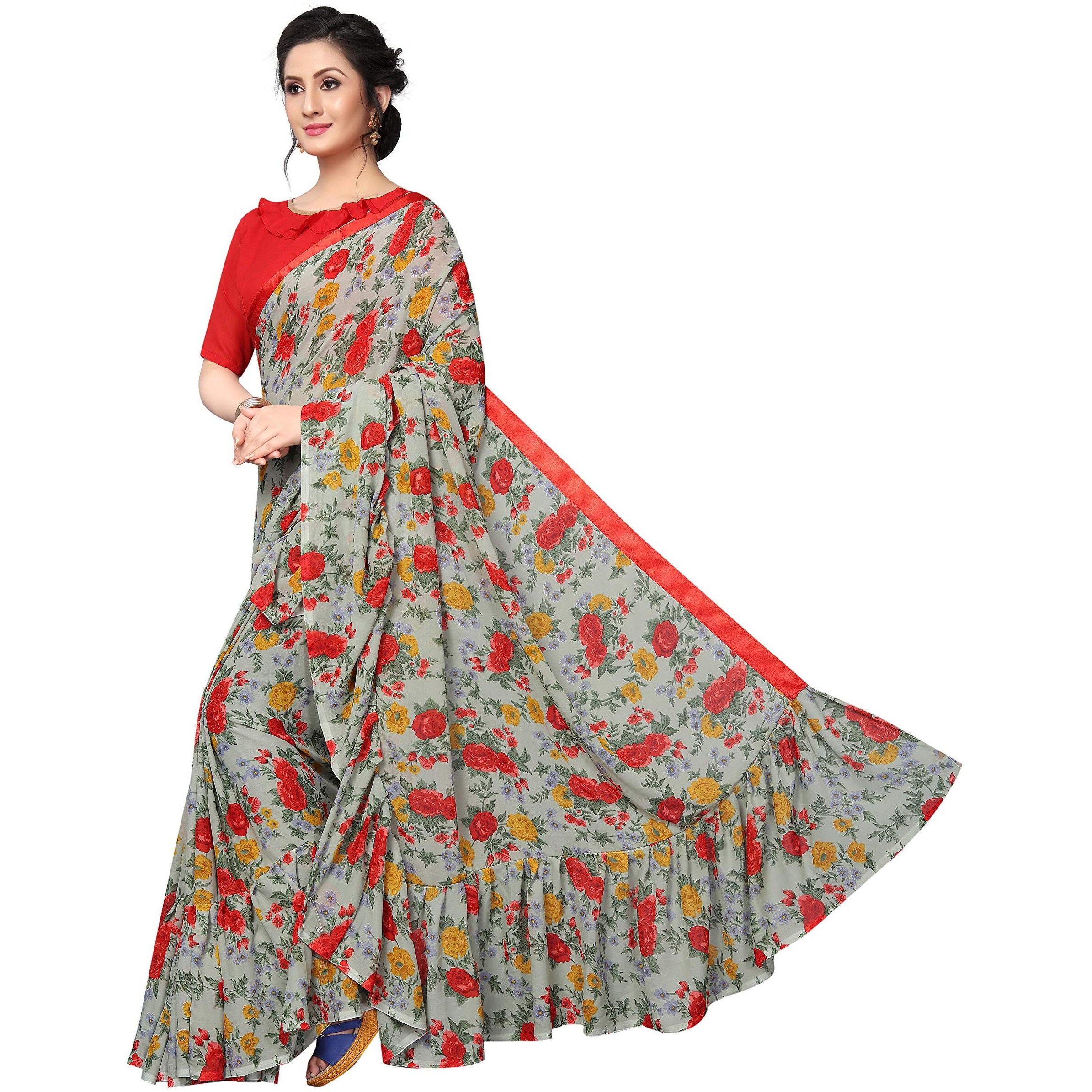 Yashika women's Georgette light weight saree with blouse piece (Multi-Color_Free_Size) SDPL-RUFFLE MULTI RED
