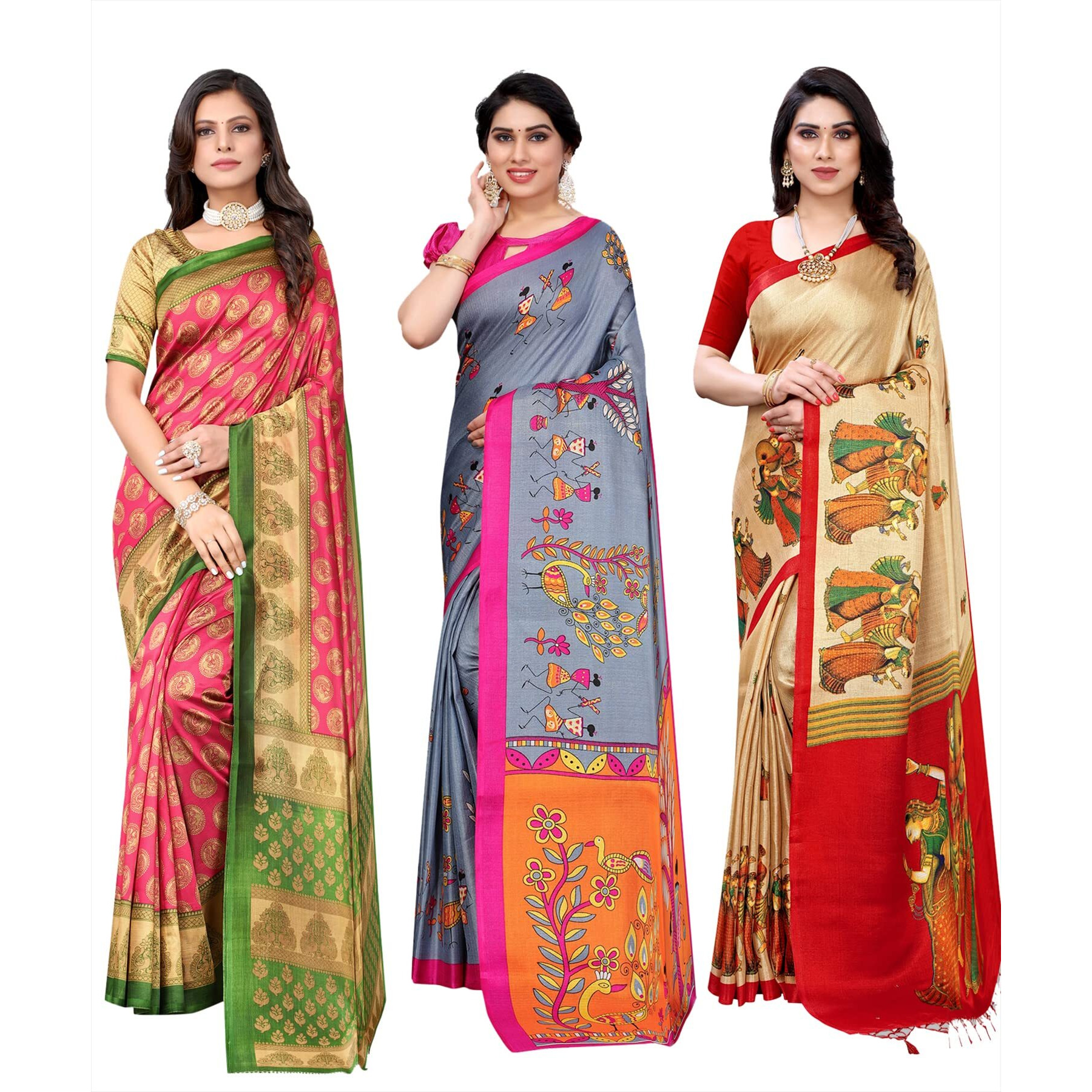 Yashika Women's Combo Art Silk Saree with Blouse Piece-Pack of 3(ALIFA Pink-DANDIYA Grey-RAJARANI CHICKU) Multicolor-04