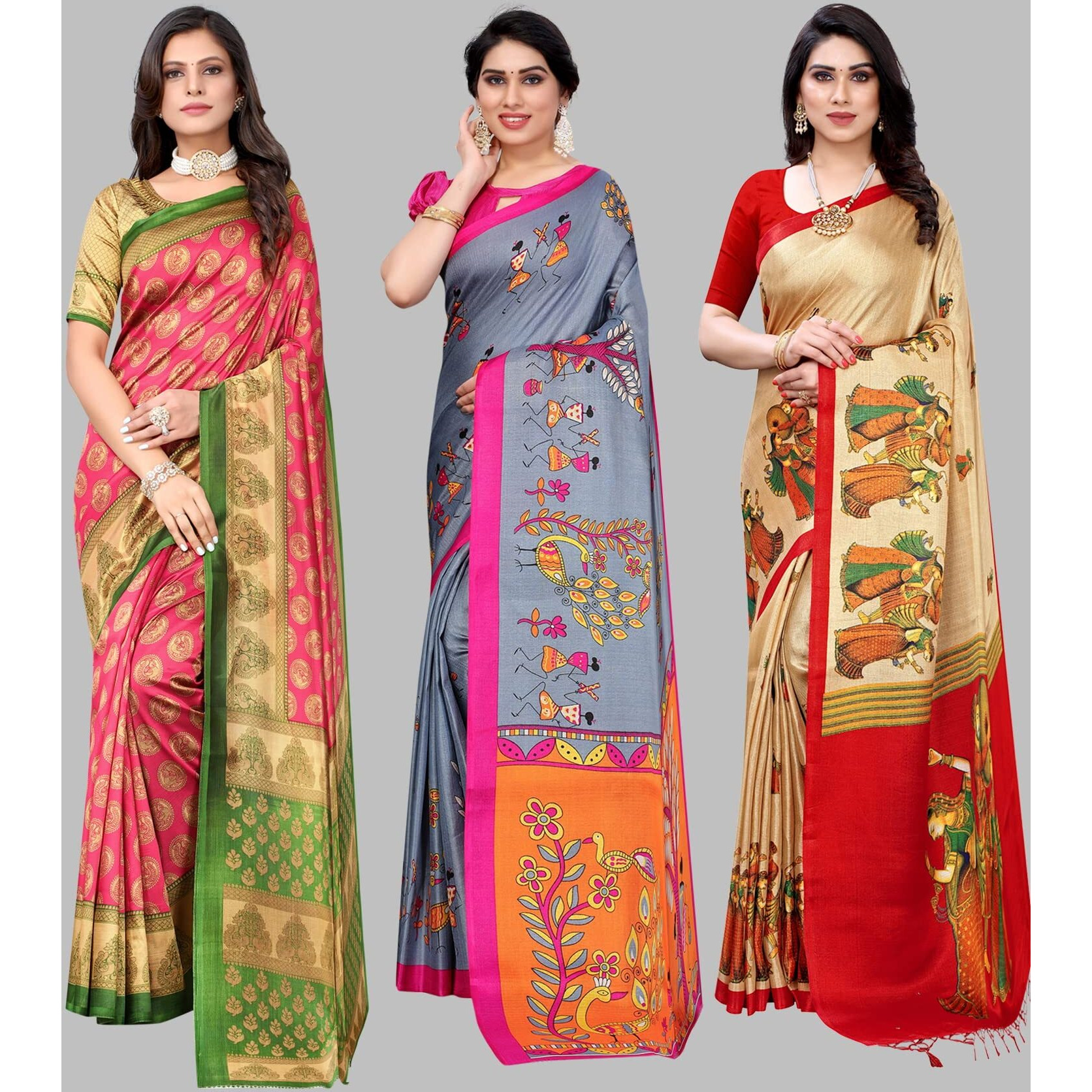 Yashika Women's Combo Art Silk Saree with Blouse Piece-Pack of 3(ALIFA Pink-DANDIYA Grey-RAJARANI CHICKU) Multicolor-04