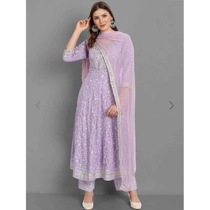 Yashika Women's Kurta Set in Light Purple Color and Cotton Blend Fabric with Pant and Dupatta (AZ-YS-OG-KS2154-S)