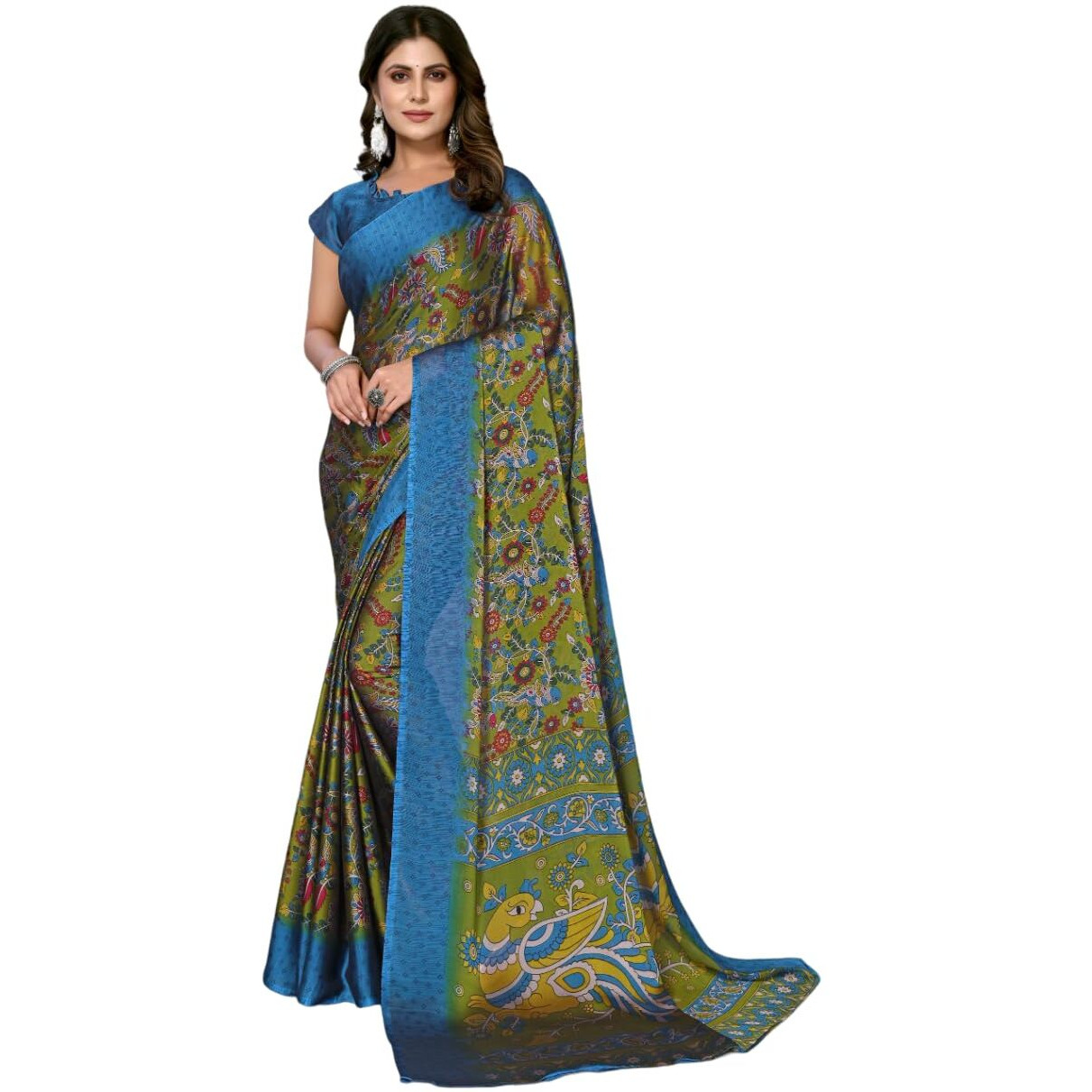 Yashika Women's Trendy Rangoli Chiffon Rama Color Saree with Blouse Material(UMIKA RAMA)