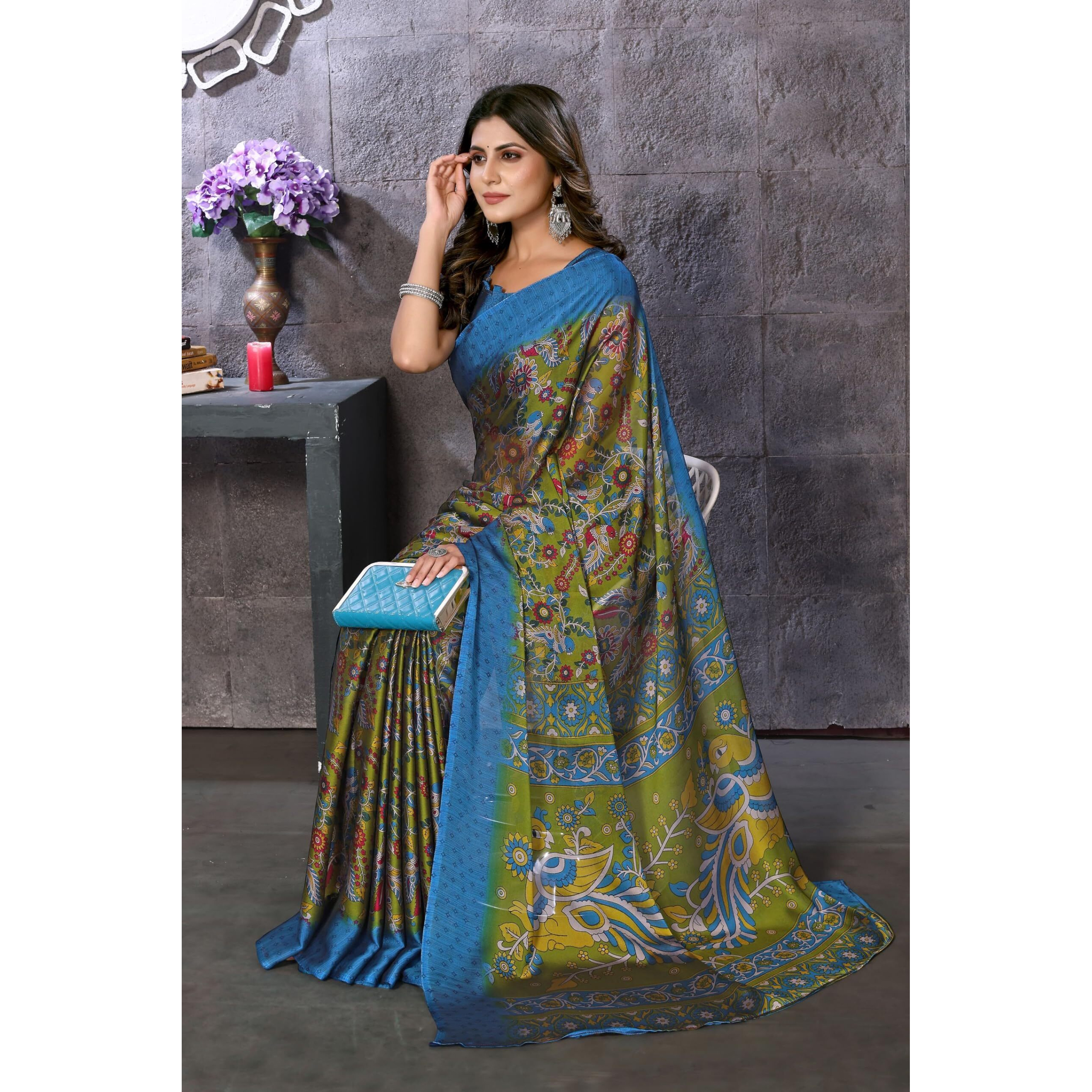 Yashika Women's Trendy Rangoli Chiffon Rama Color Saree with Blouse Material(UMIKA RAMA)