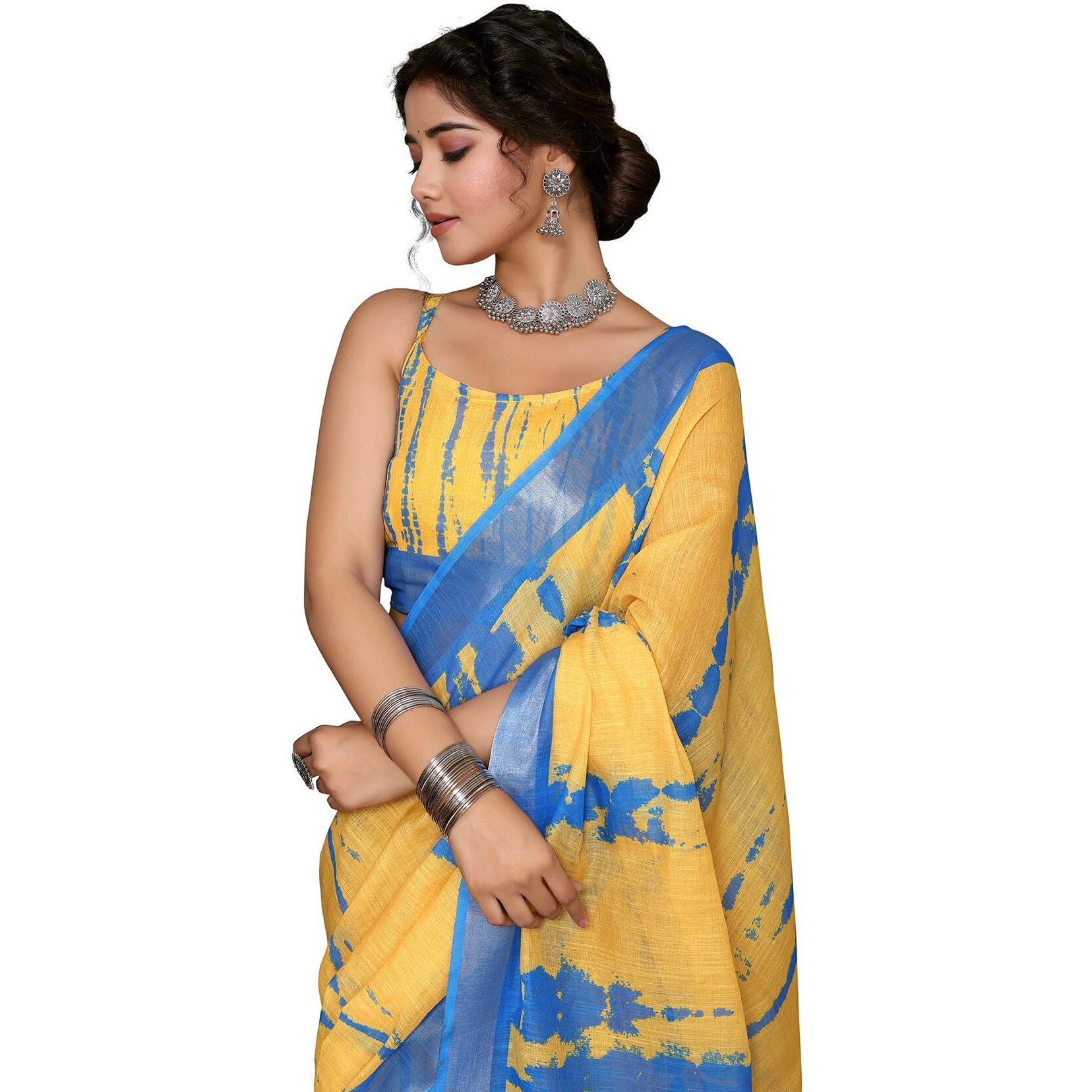Yashika Women's Plain Digital Print Cotton Silk Blend Saree with Silver Weaving Border Tassels-Elegant Ethnic Wear for Festive and Casual Occasions (AZ-YS-P3-TIGER 01 to 06-Parent_Tiger Yellow)