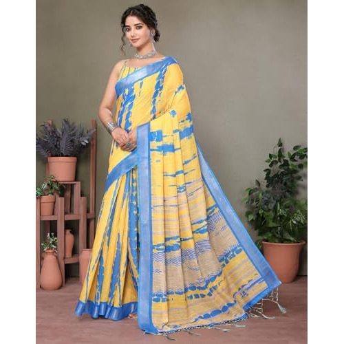 Yashika Women's Plain Digital Print Cotton Silk Blend Saree with Silver Weaving Border Tassels-Elegant Ethnic Wear for Festive and Casual Occasions (AZ-YS-P3-TIGER 01 to 06-Parent_Tiger Yellow)