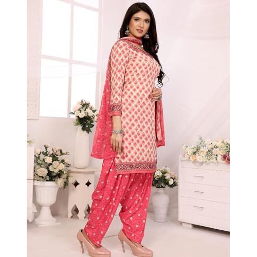 Yashika Women's Printed Dress Material - Unstitched Crepe Fabric Kurti, Pants & Dupatta Set (AZ-YS-P4-JESIKA PINK)