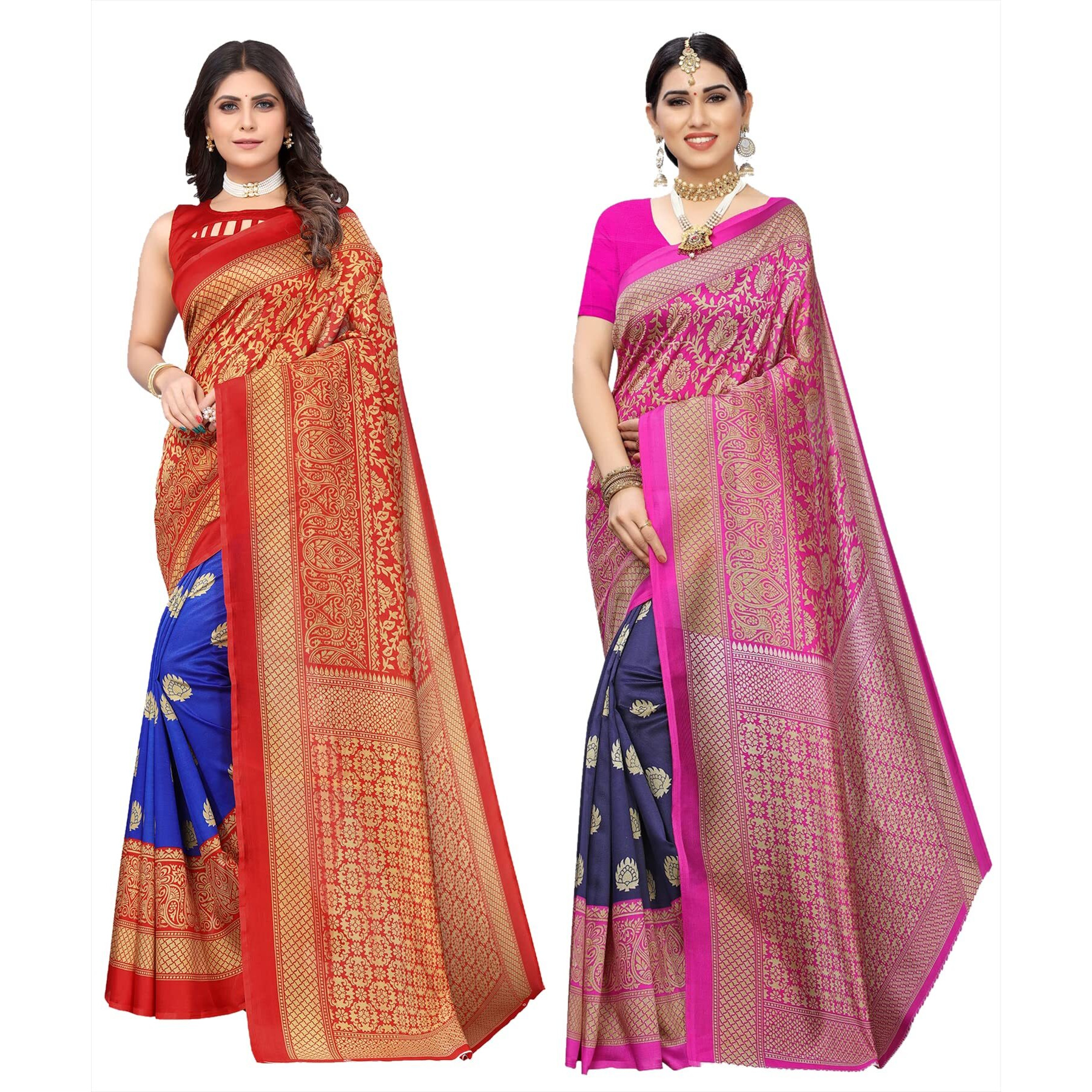 Yashika Women's Combo Art Silk Printed Saree With Blouse Piece Pack Of 2(METRO ROYAL BLUE-METRO NAVY)