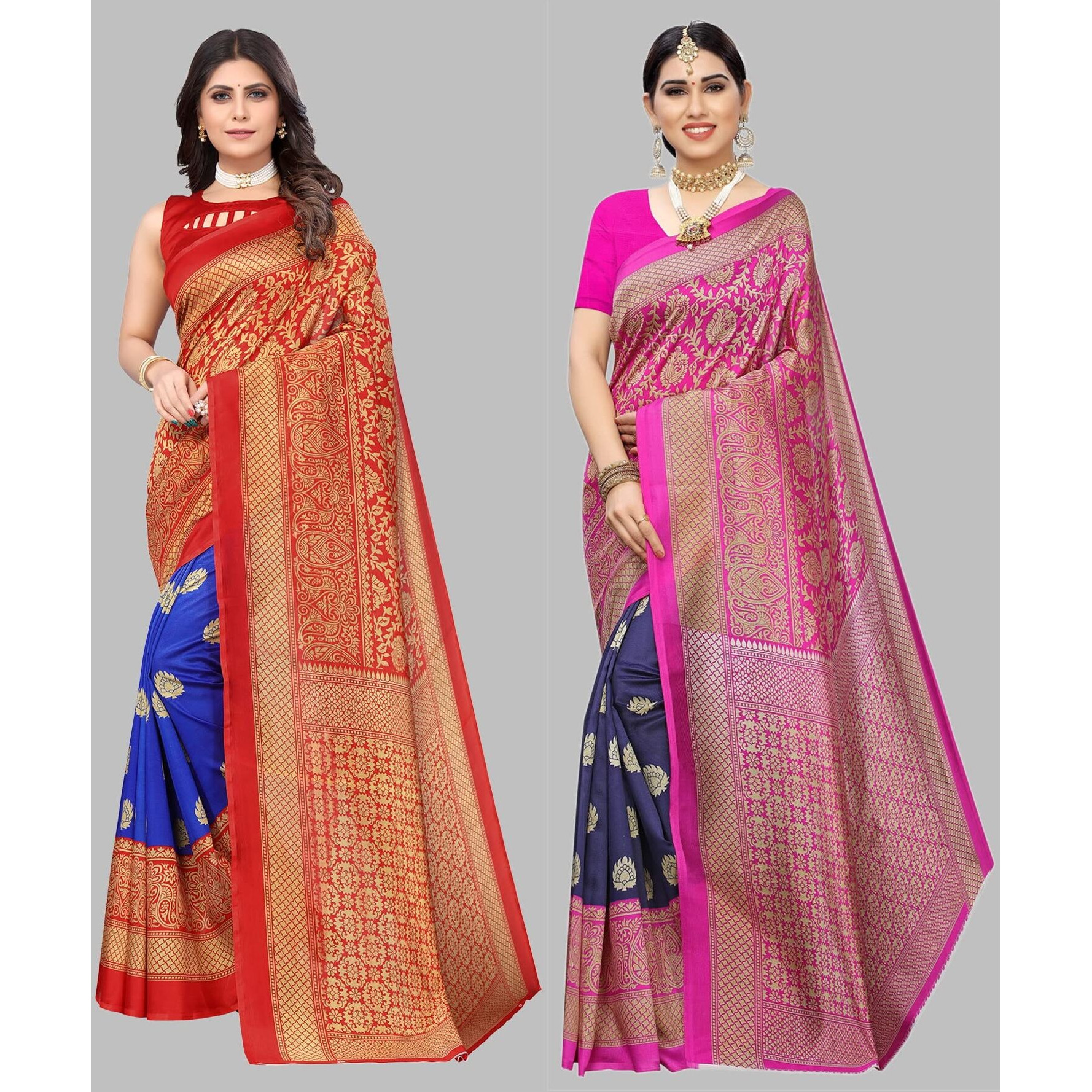 Yashika Women's Combo Art Silk Printed Saree With Blouse Piece Pack Of 2(METRO ROYAL BLUE-METRO NAVY)
