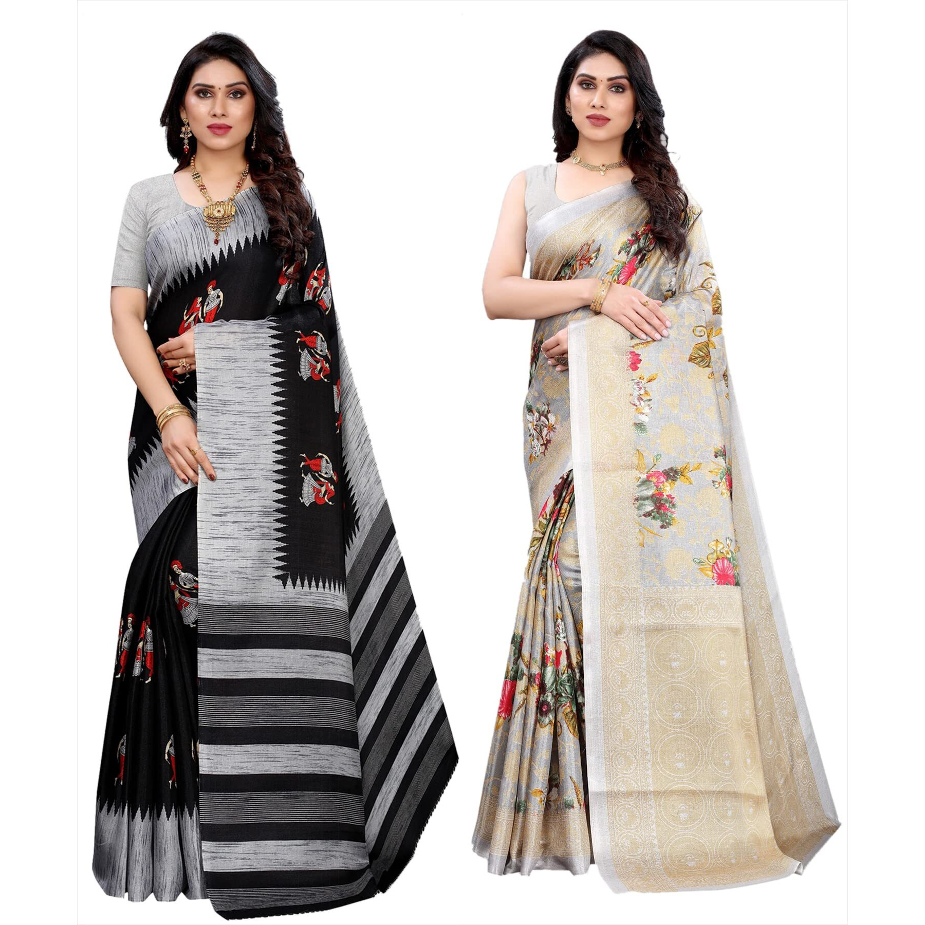 Yashika Women's Combo Art Silk Printed Saree With Blouse Piece Pack Of 2(NAURTA BLACK-PUDINA GREY)